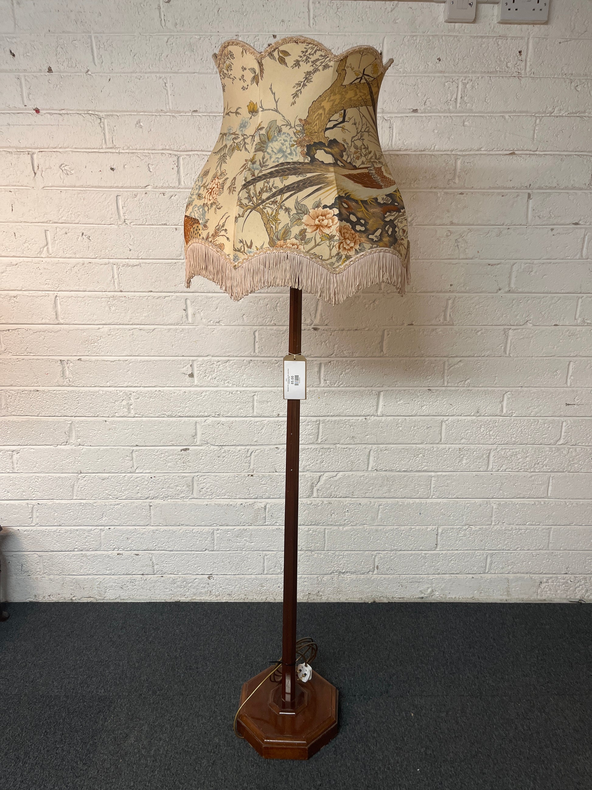 Mahogany floor standing lamp with ornate floral lampshade 3225