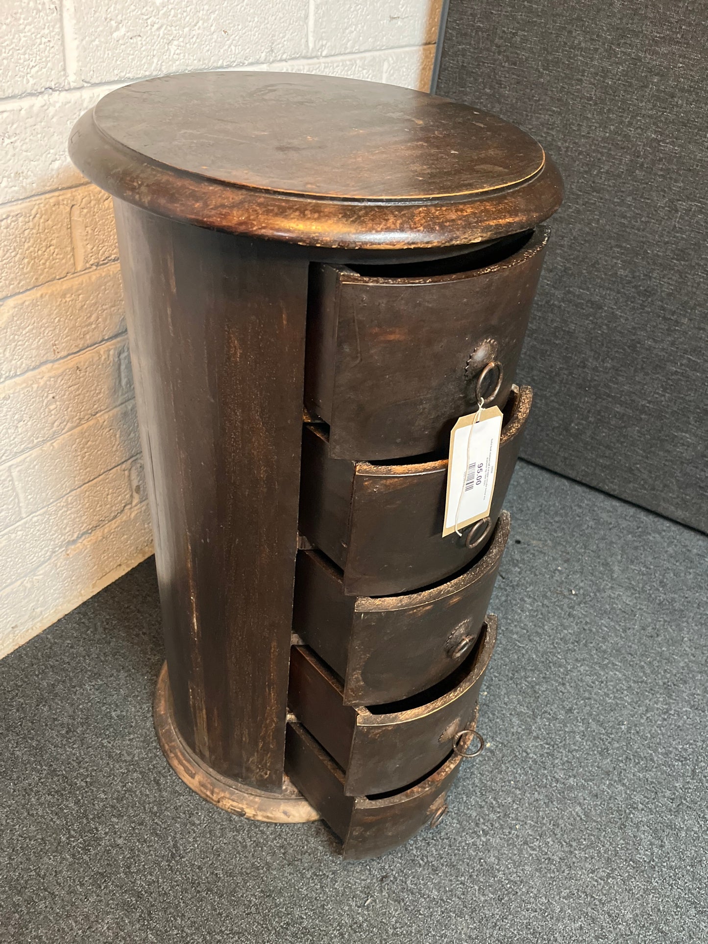 Solid teak stained tall 4 drawer circular locker 450 diameter by 790H 3225