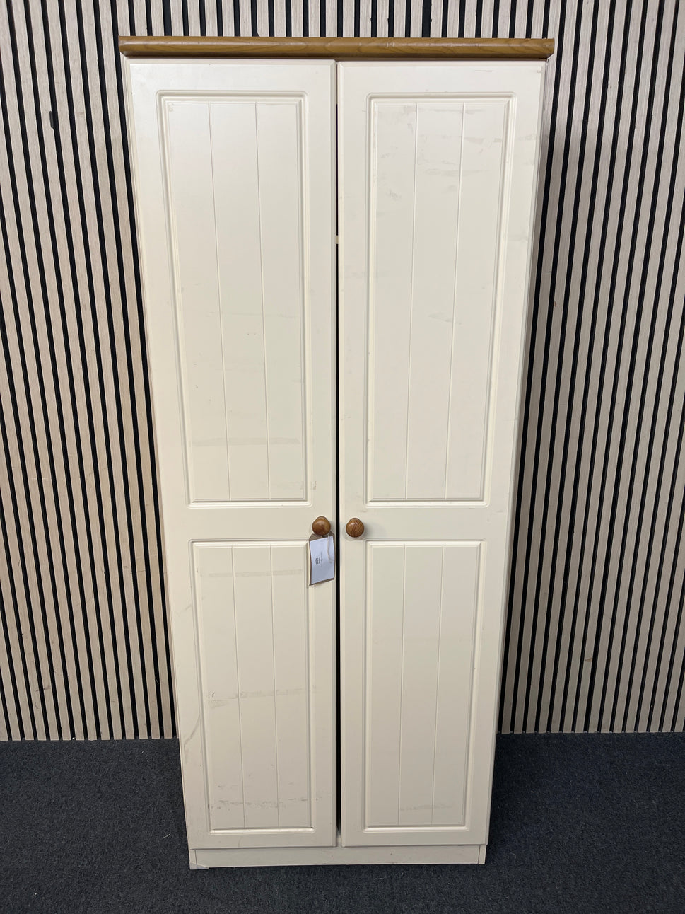 Tall cream and pine 2 door wardrobe (H 184 x W 74 x D 54 cm) 3126
