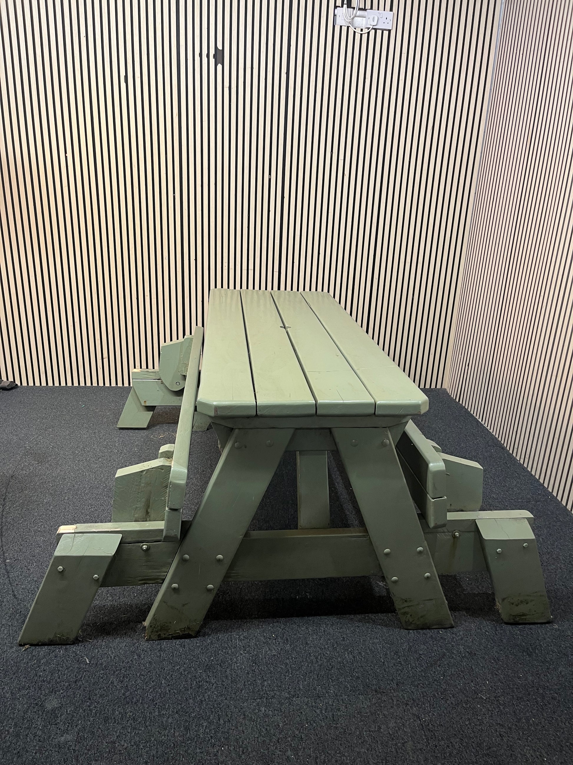Large solid wood table bench combo with green pastel weather coat (width 165 cm) 43524