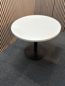 Monza circular dining table with flat black round base and white 800mm diameter table top