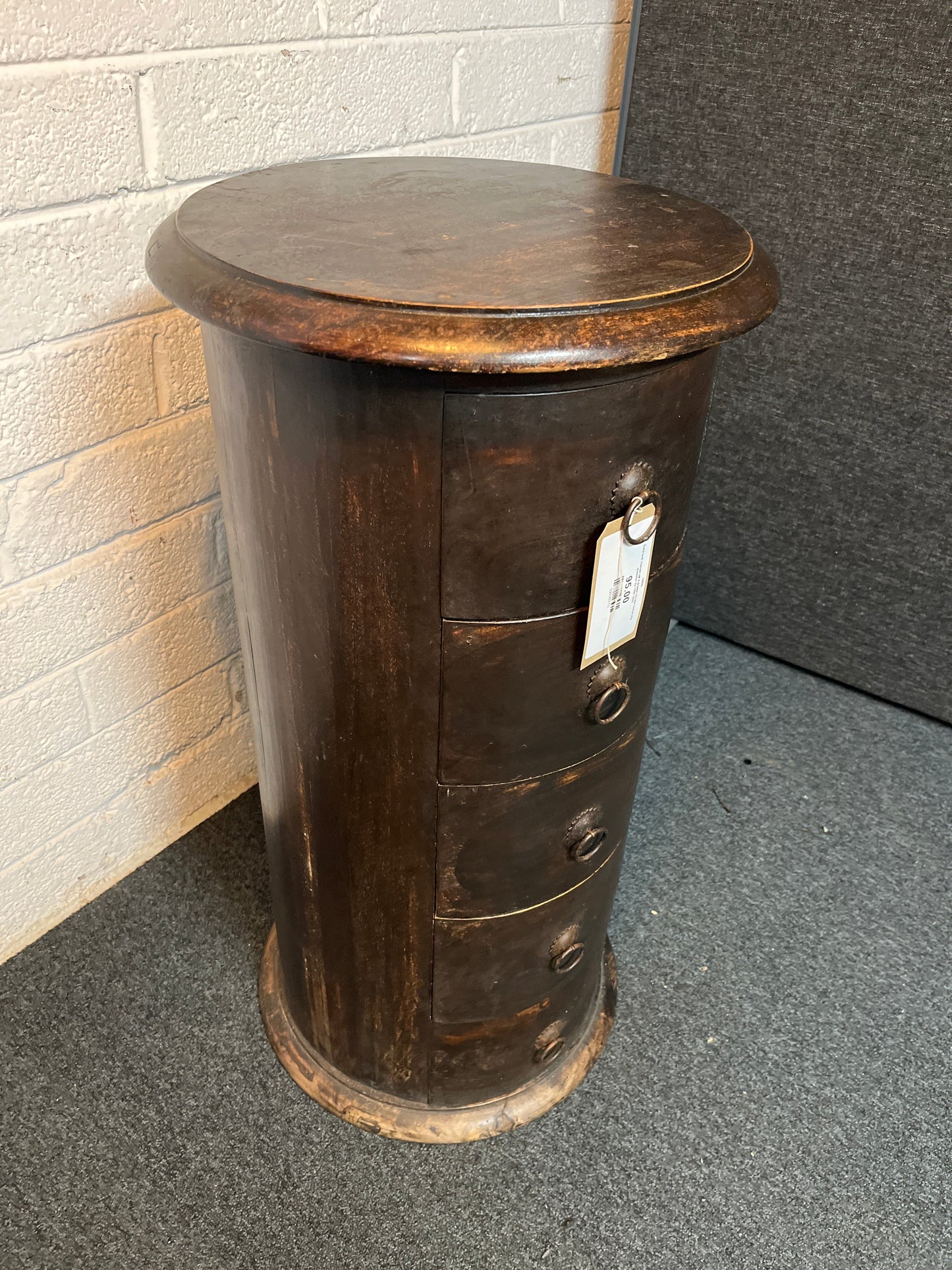 Solid teak stained tall 4 drawer circular locker 450 diameter by 790H 3225