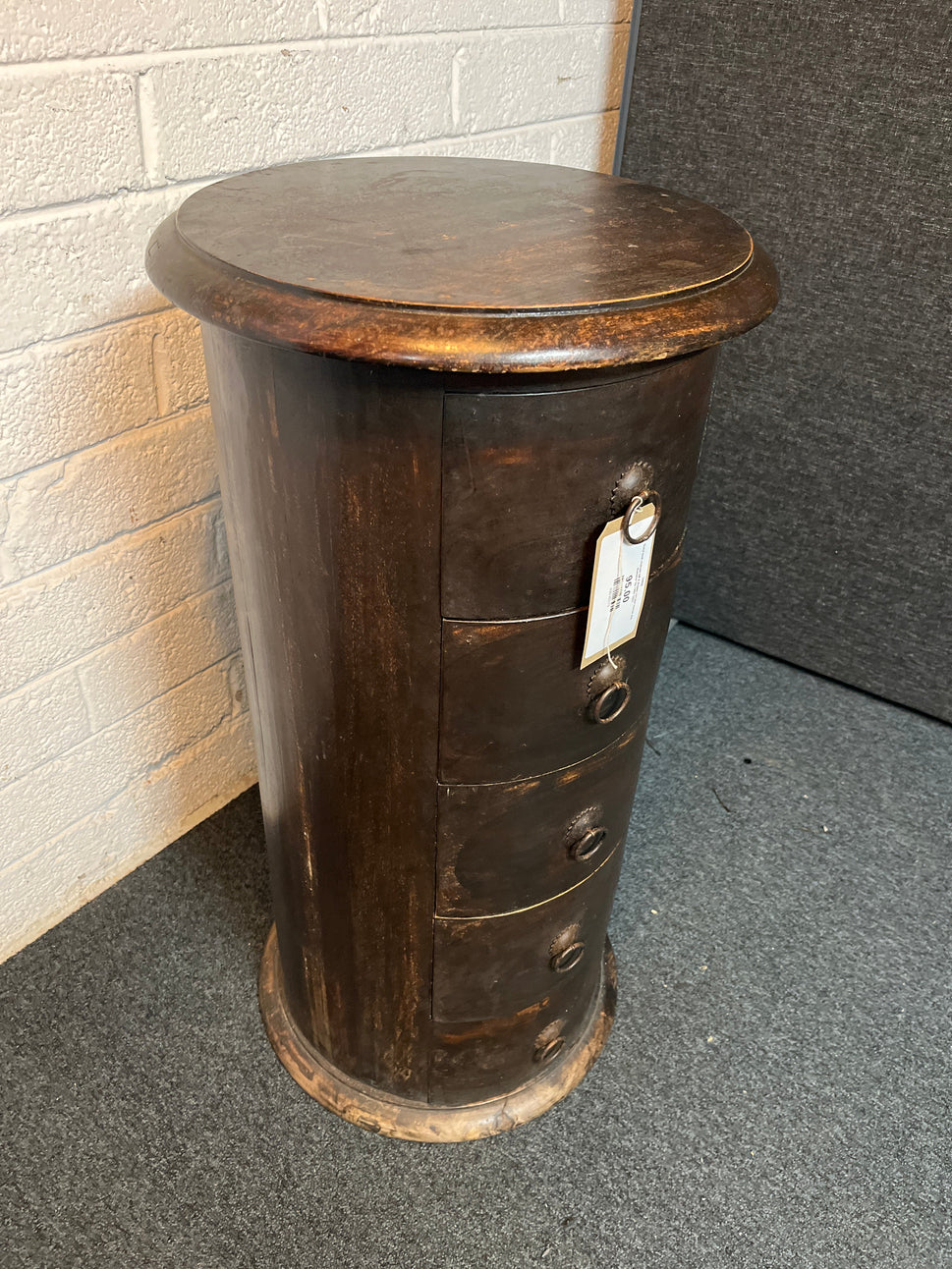Solid teak stained tall 4 drawer circular locker 450 diameter by 790H 3225