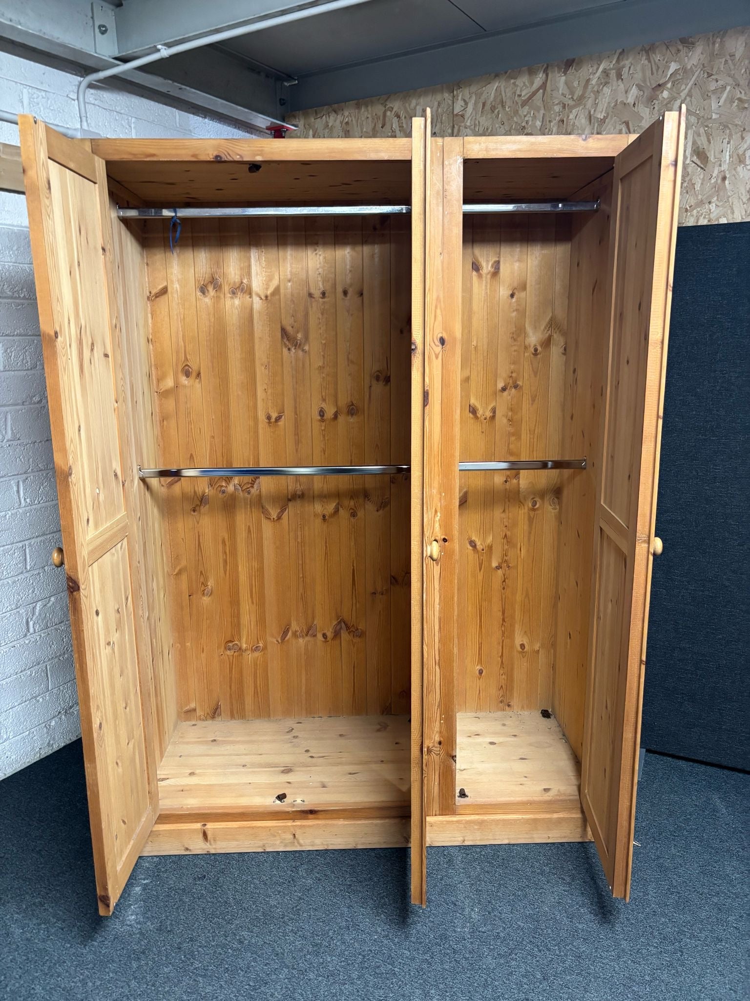 Tall solid pitch pine 3 door wardrobe 2020Hx1450Wx600D 1225