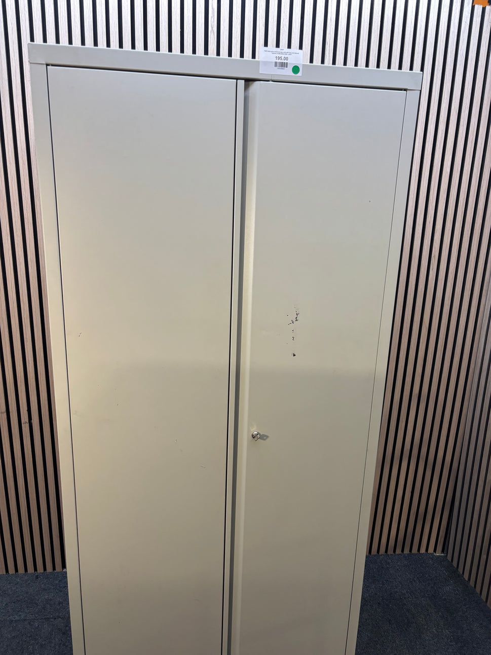 Tall 2 door grey metal storage uniit with key and internal shelves 910Wx40Dx195H  J3937