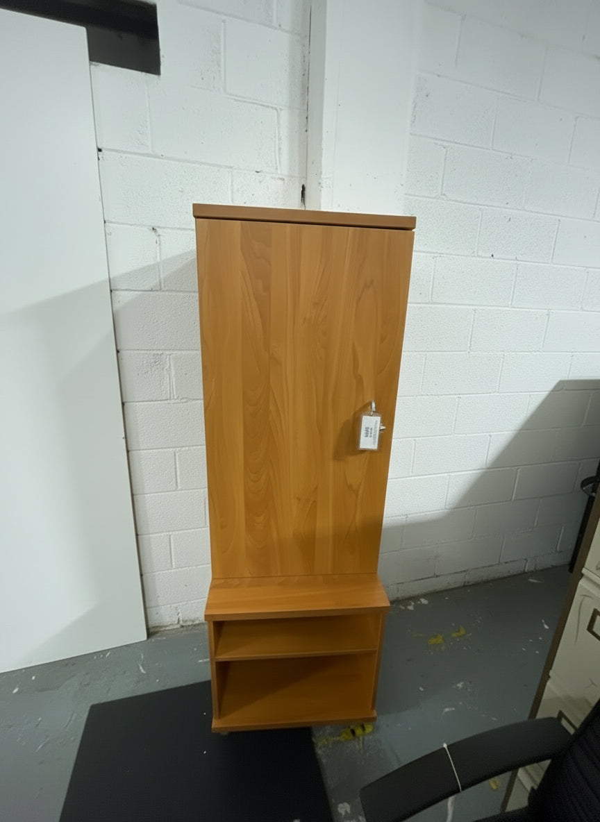 Tall cherry laminate combo unit, base open froted storage unit on castors with single door tall storage unit. 178Hx60Dx60W Qty of 3 no. in stock. Price invc VAT
