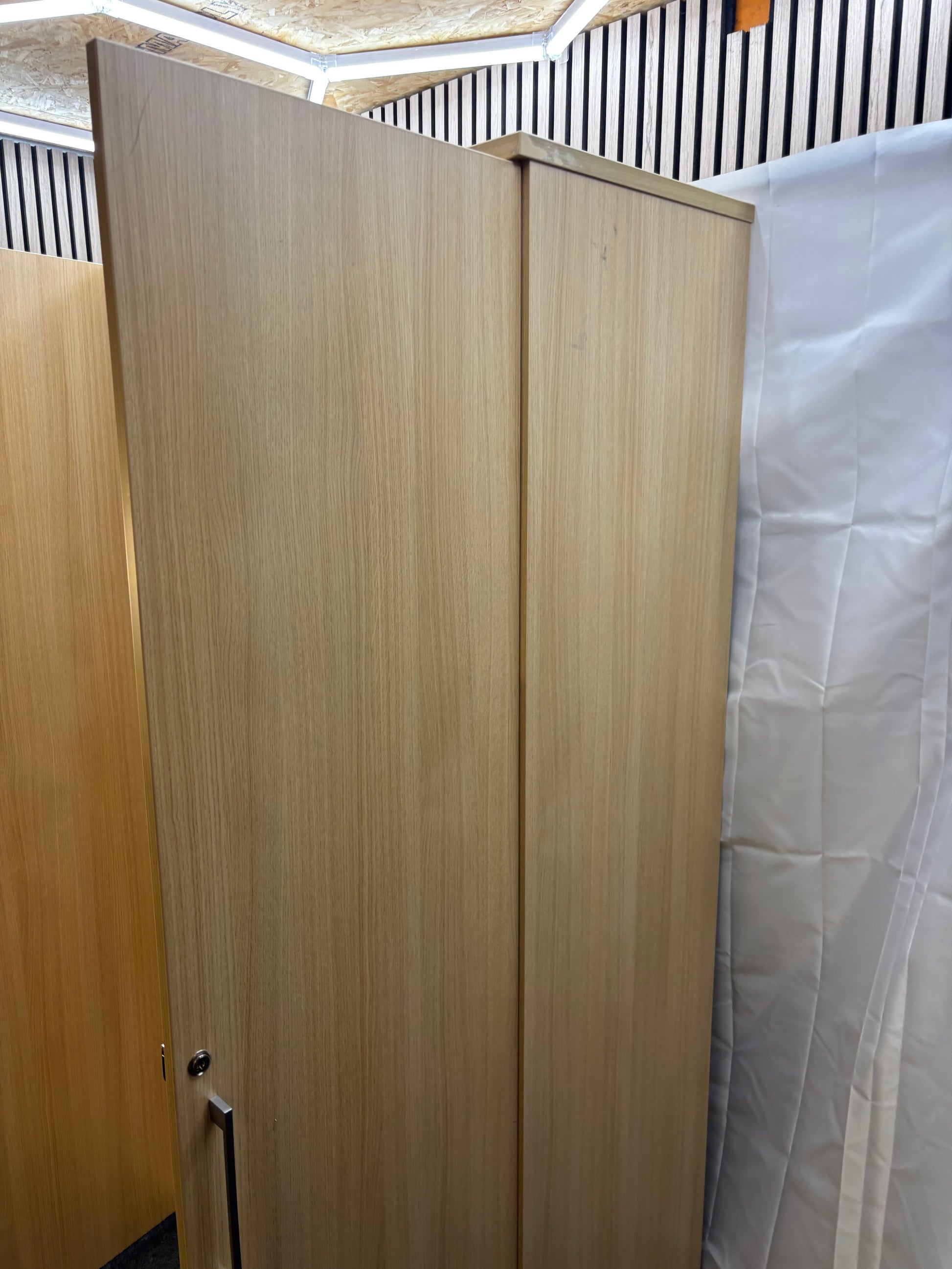 Tall 2 door storage unit with internal shelves in white oak laminate 200Hx100Wx50D  J3914