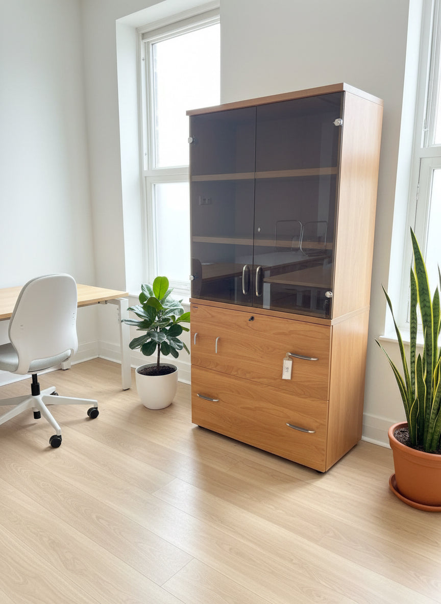 Cherry 2 glass door large storage unit with shelves (H 115 x W 90 x D 45 cm)
