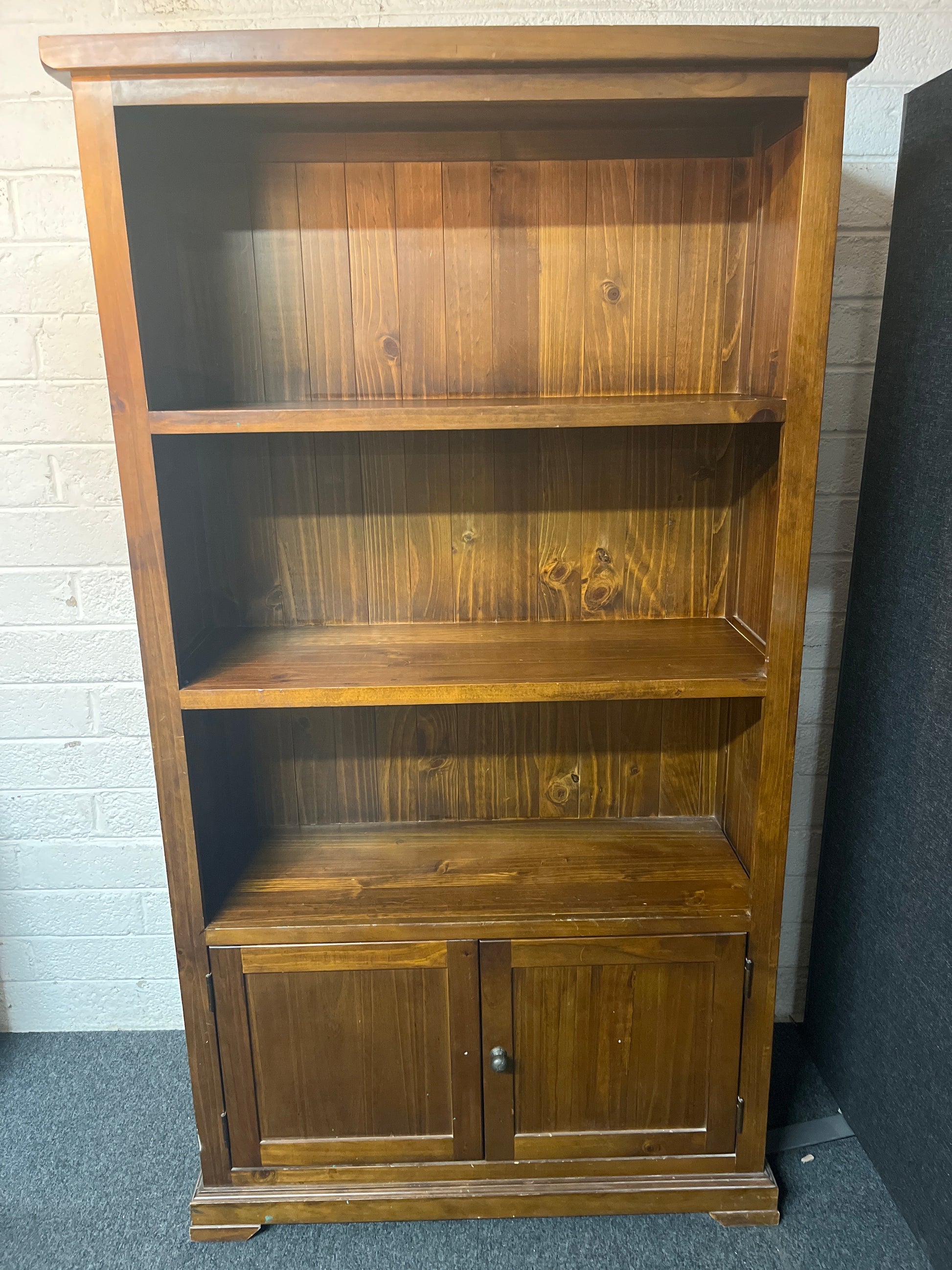 Tall solid dark wood stained top open 2 base door display unit (H 180 x W 100 x D 38 cm) 2225
