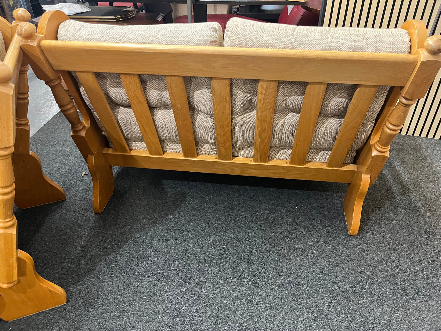 Solid Dutch Oak framed 2 seater sofa with light brown fabric cushions (Imported from South Africa) 2425