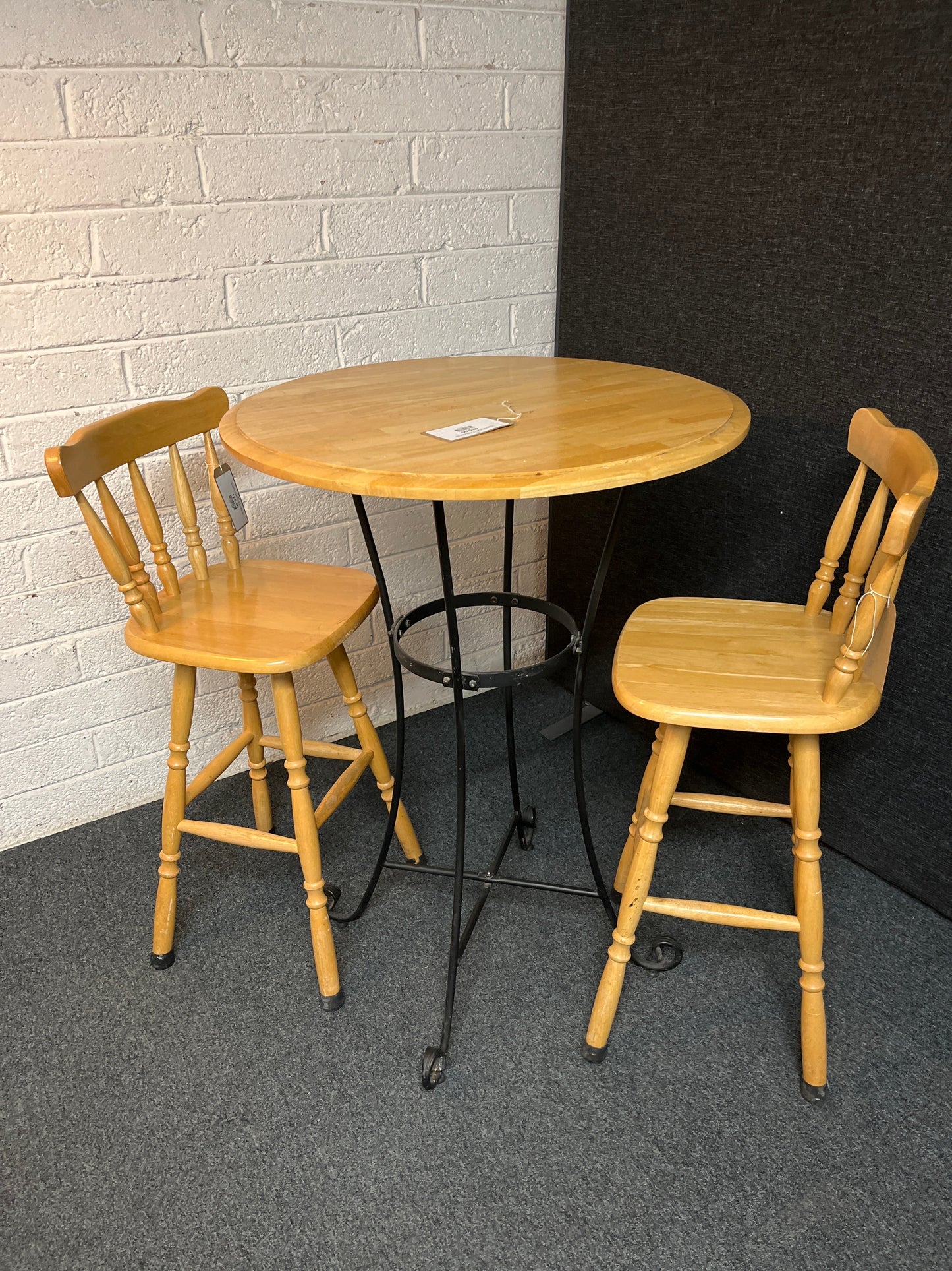 Tall Hardwood and cast iron circular table (H 106 x diameter 75 cm) with 2 no. matching stools 3225