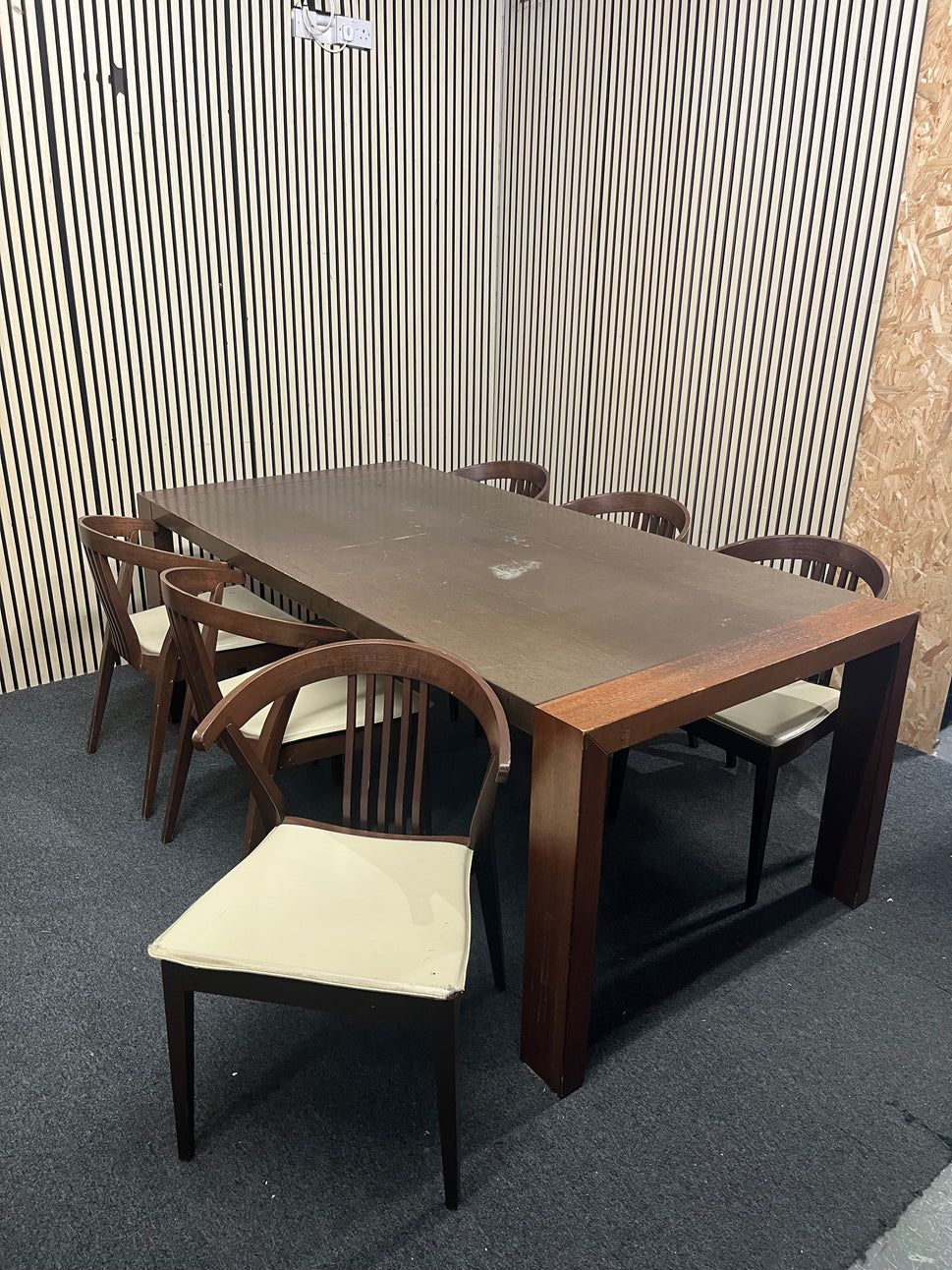 Rectangular dark wood dining set (L 200 x W 100 cm) with 6 no. matching slat-back chairs with cream leather seat  44357
