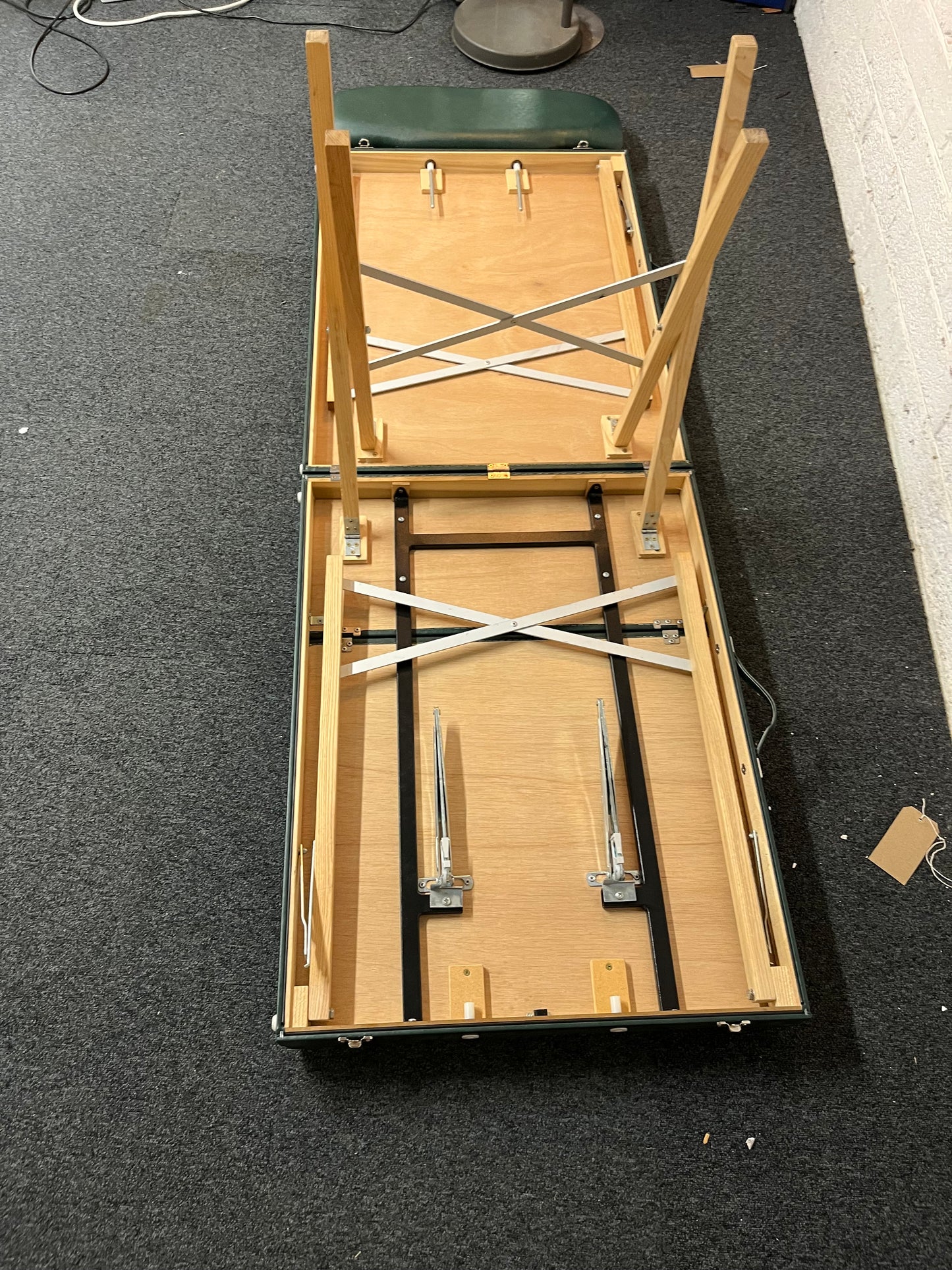 Metal and wood framed, folding Massage table in green PU leatherette with headrest  2225