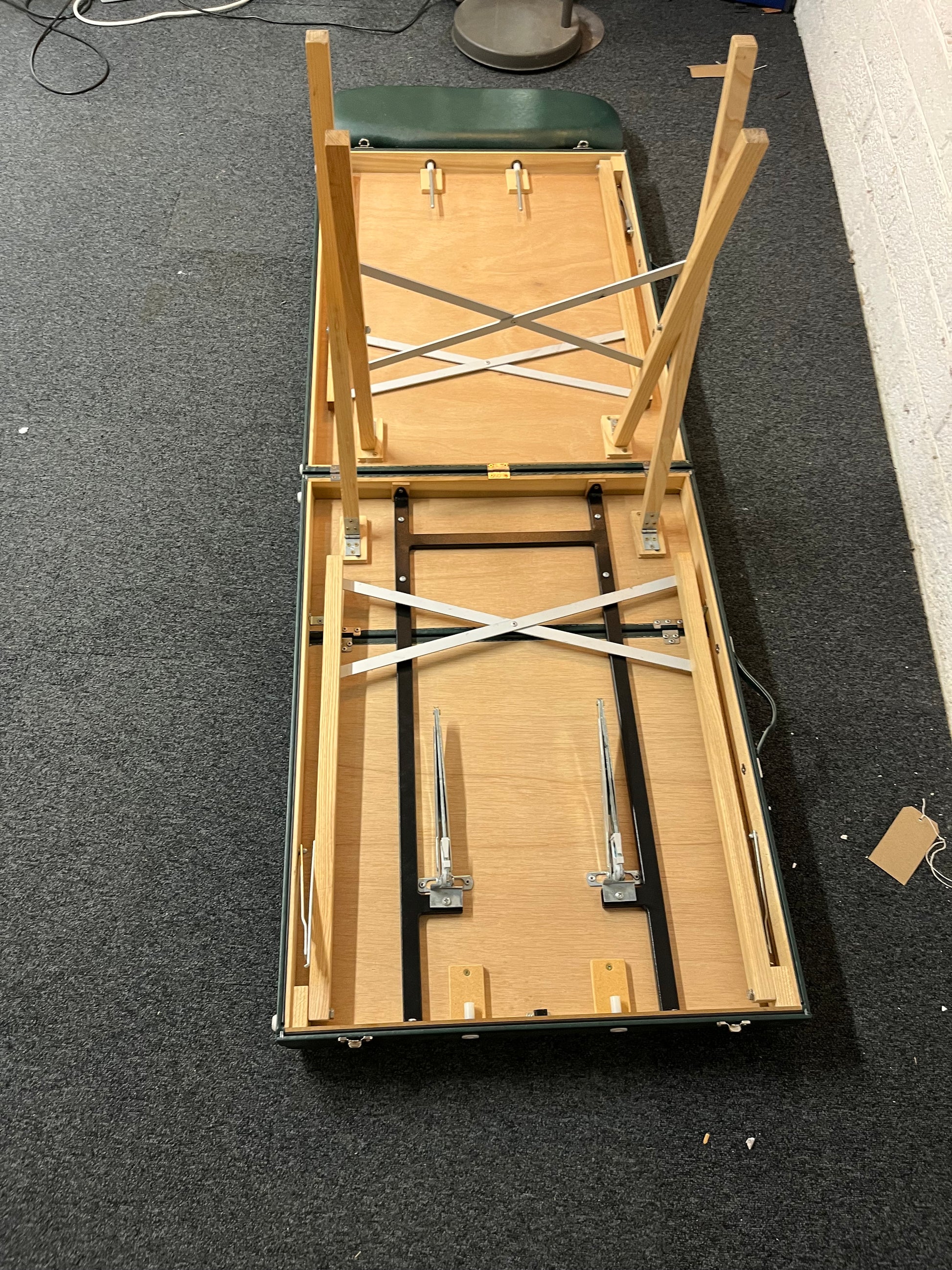 Metal and wood framed, folding Massage table in green PU leatherette with headrest  2225