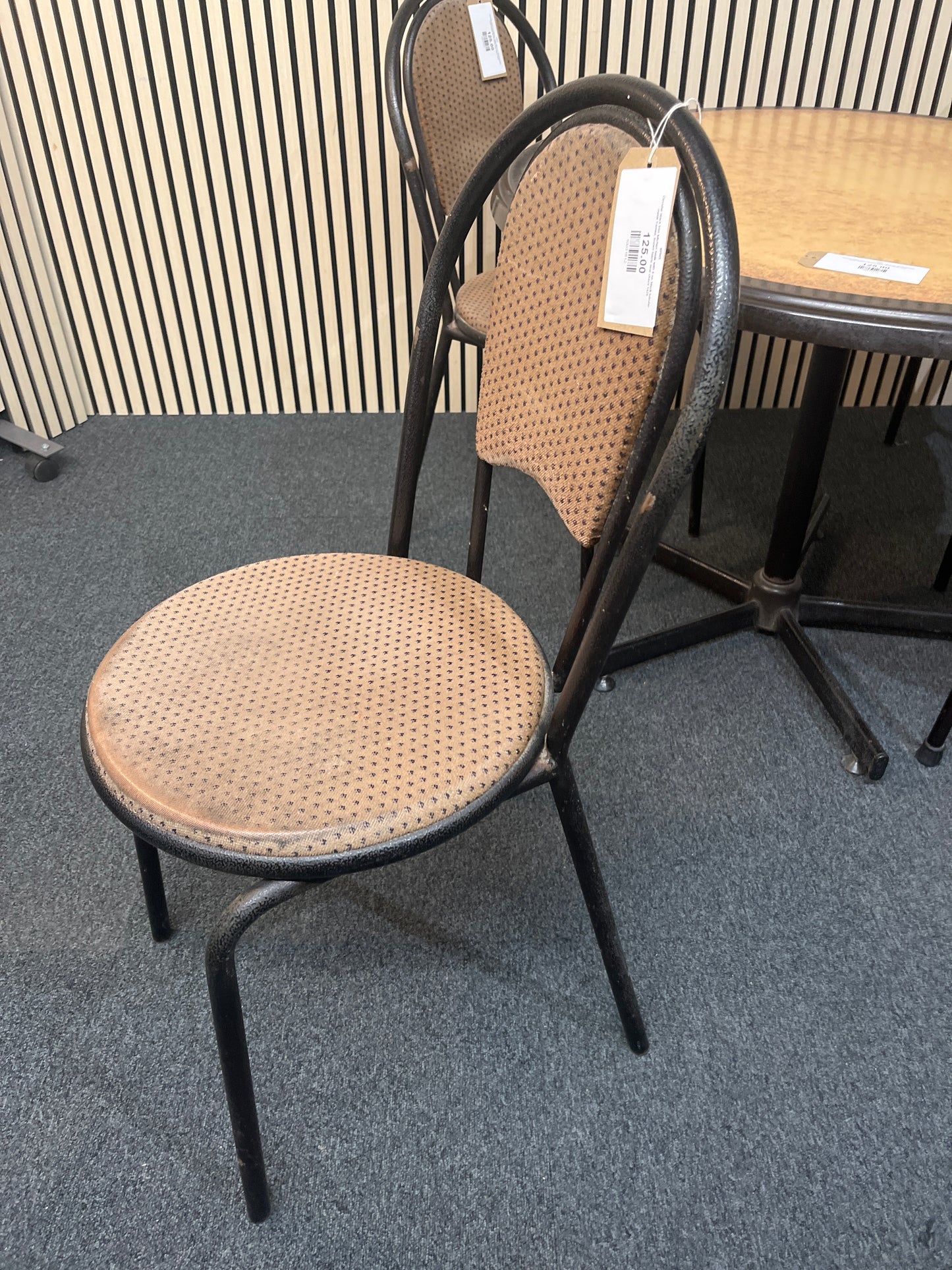 Circular black trim kitchen table with 4 no. black tubular metal framed, brown fabric seat chairs 1425
