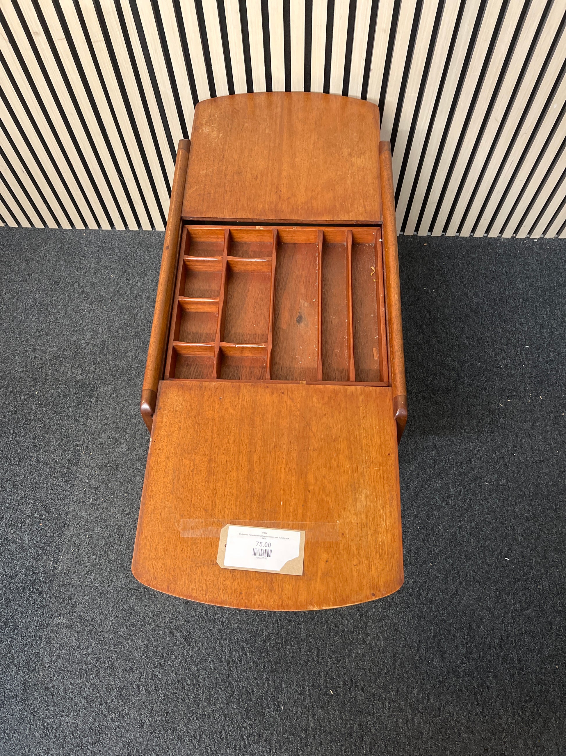 Darkwood framed side table with hidden pull out storage 2425