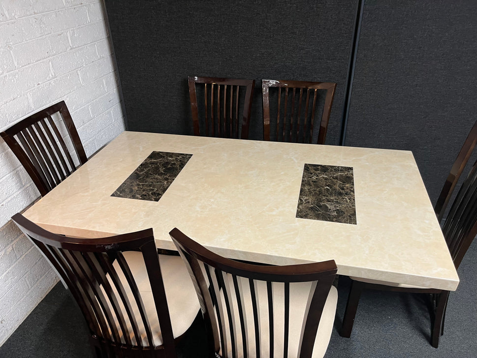 Marble effect large rectangular table (L 180 x W 100 cm) with 6 dark wood stained kitchen chairs with fabric seat 3225