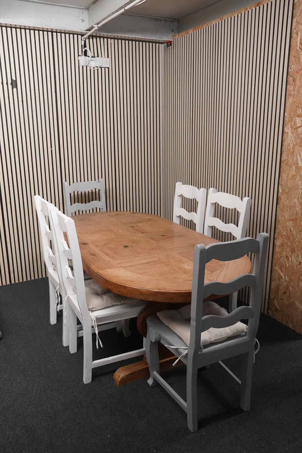 Parquet pitch pine oval table with six painted ladder-back chairs (L 200 x W 100 cm)  44342