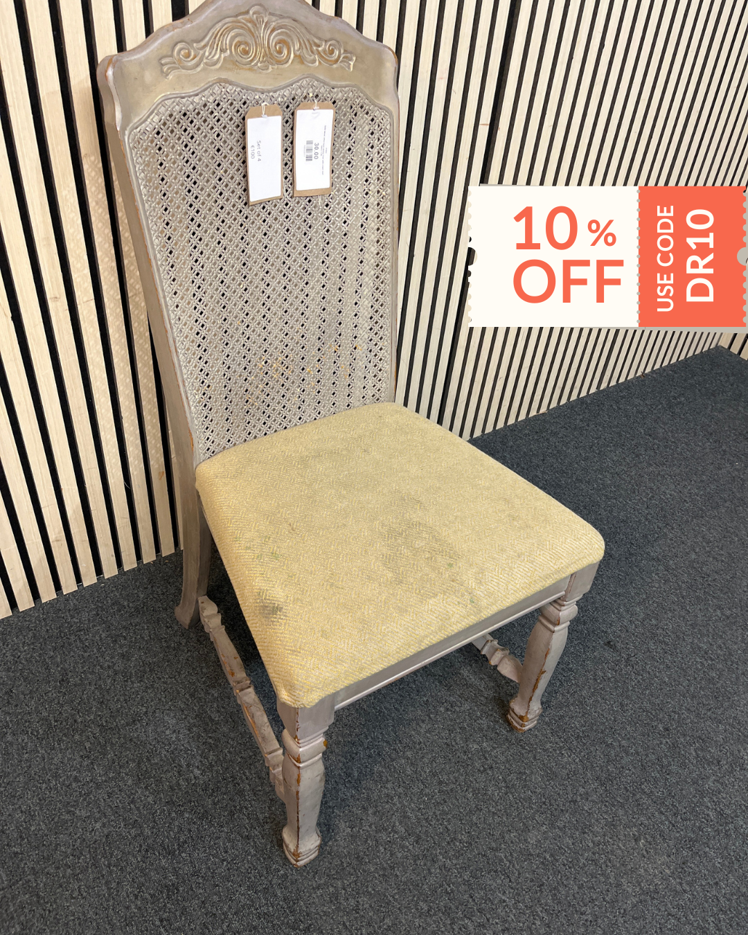 Solid wood rattan back dining chair with cream seat fabric 1126