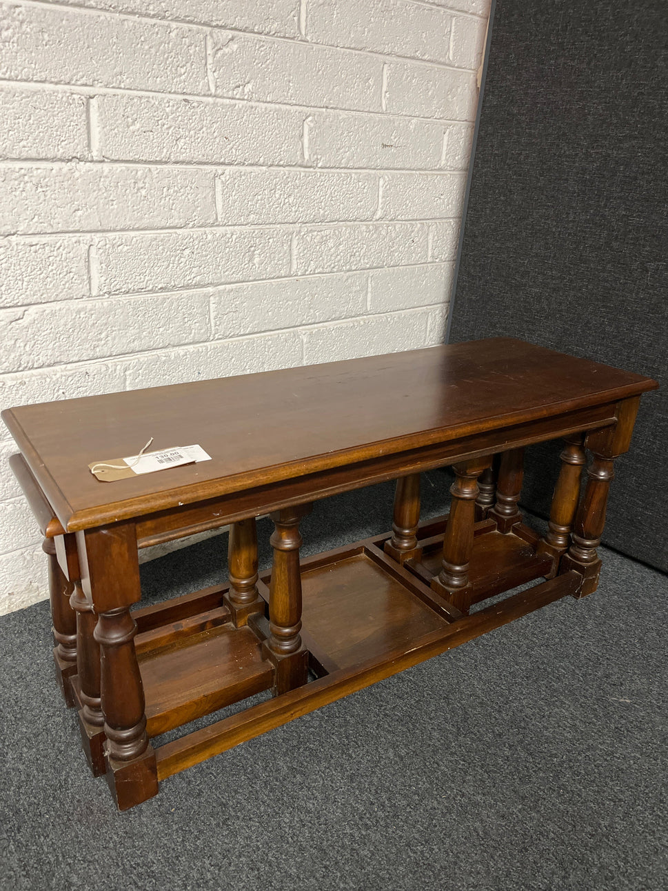 Low solid mahogany stained rectangular coffee table with insert side tables 2225