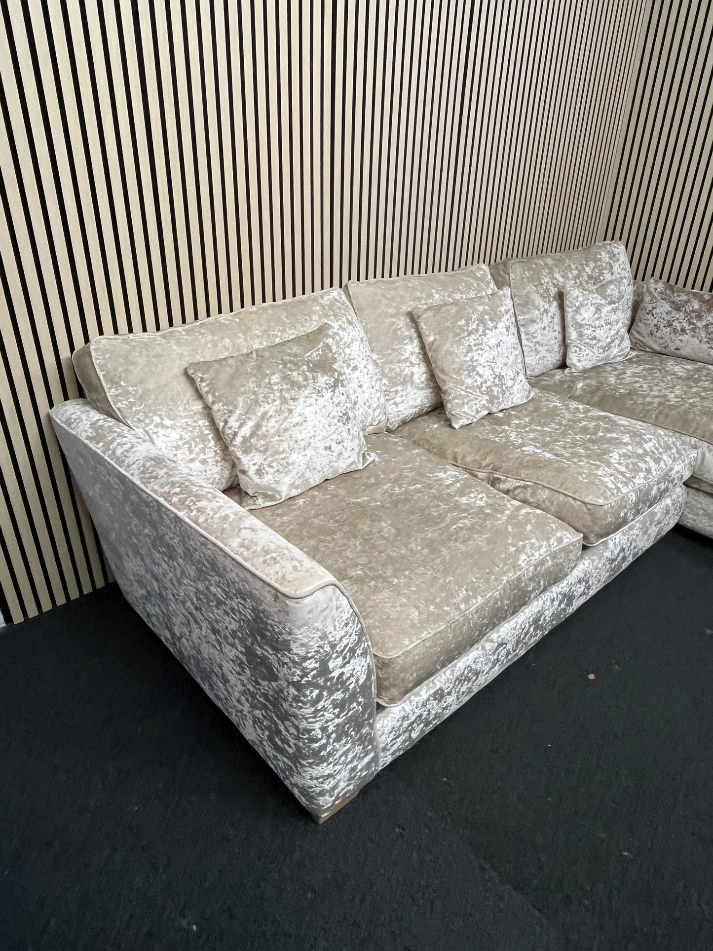 Large light cream crushed velvet fabric corner suite (in sections) with matching armchair 3325