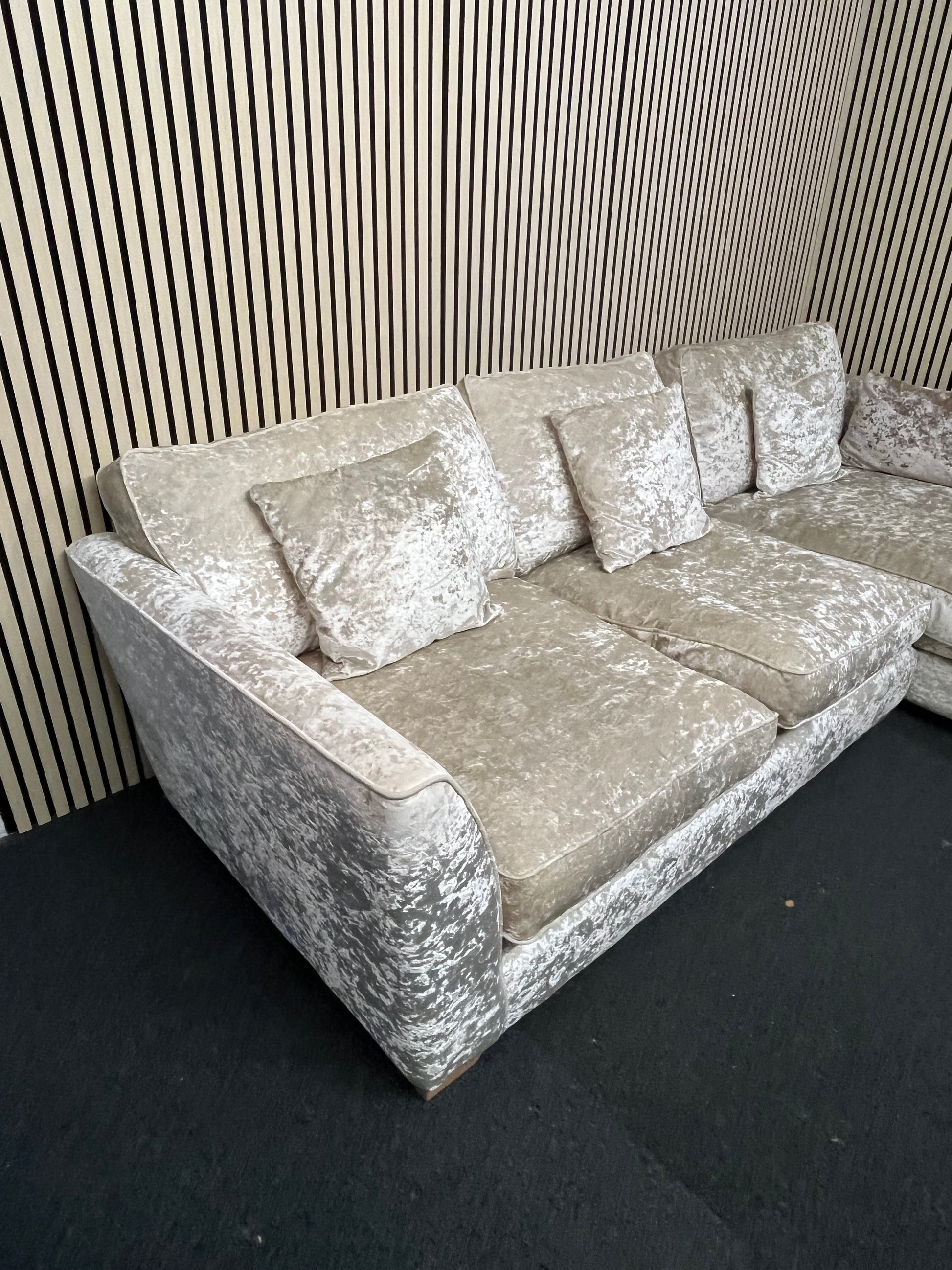 Large light cream crushed velvet fabric corner suite (in sections) with matching armchair 3325