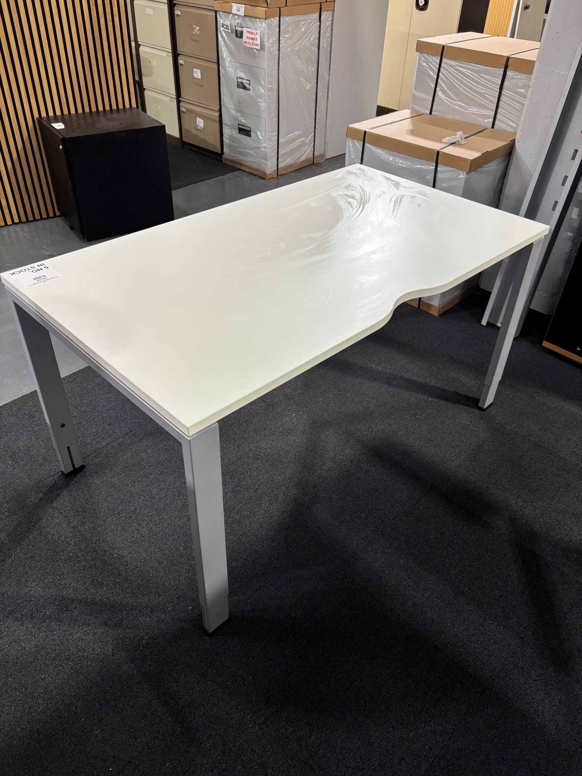1600x800 white laminate scallop top straight desk with metal manual height adjustable frame