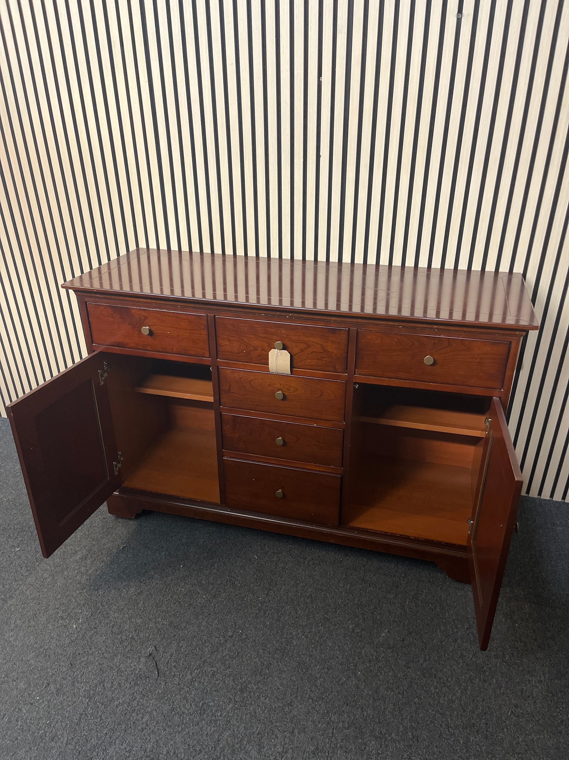 Long 3 door 3 drawer dark wood stained sideboard (H 84 x W 127 x D 46 cm) 3325