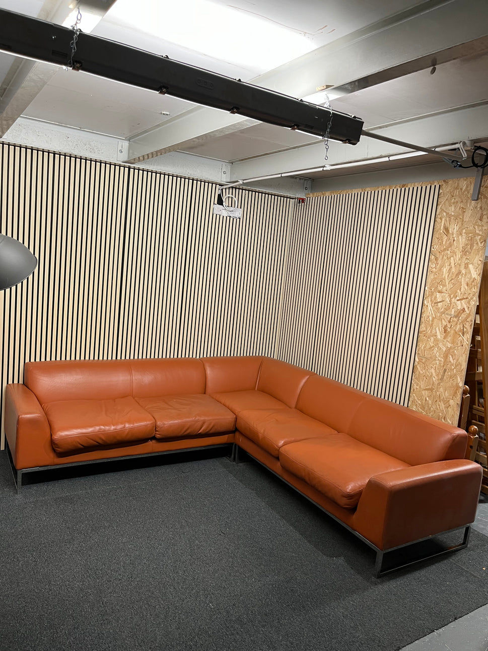 Real brown leather corner suite with silver legs (2.5 meters each side) 3325