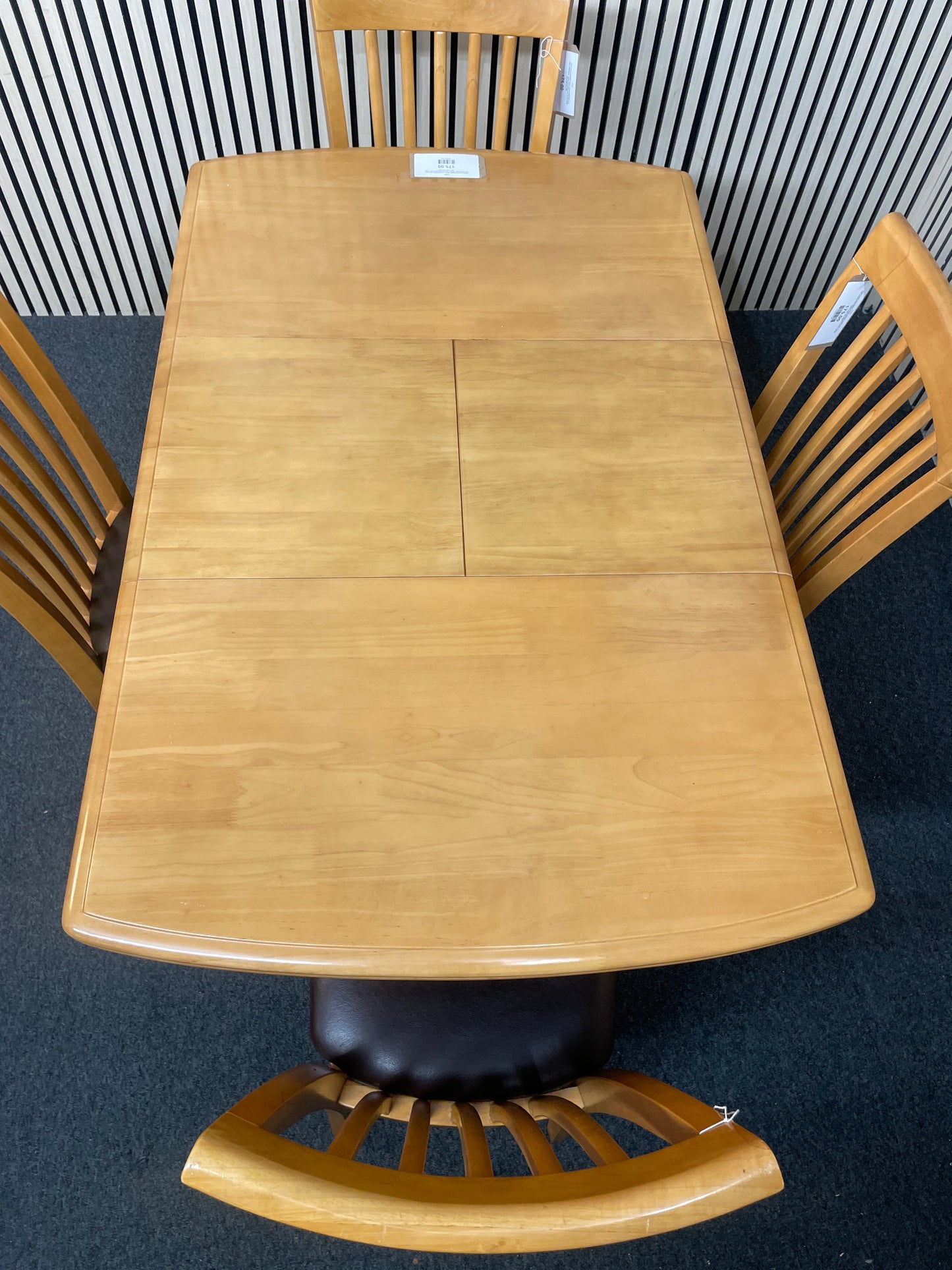 Solid wood extendable square kitchen table with 4 no. high slatted back, leather seat dining chair (H 73 x W 90, 120 x D 80 cm) 2425