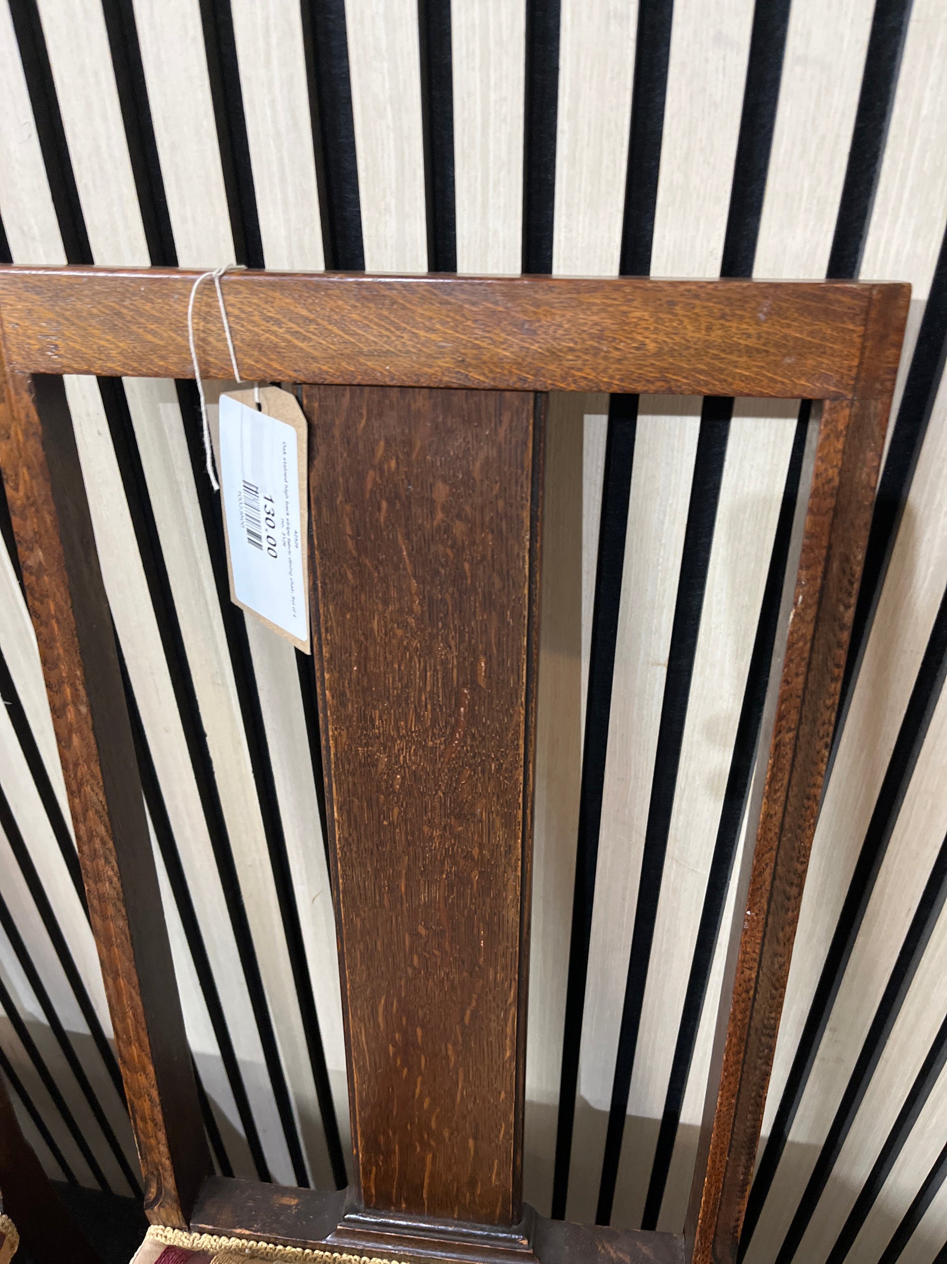 Oak stained high back stripe fabric dining chair. Set of 4 no.  3126