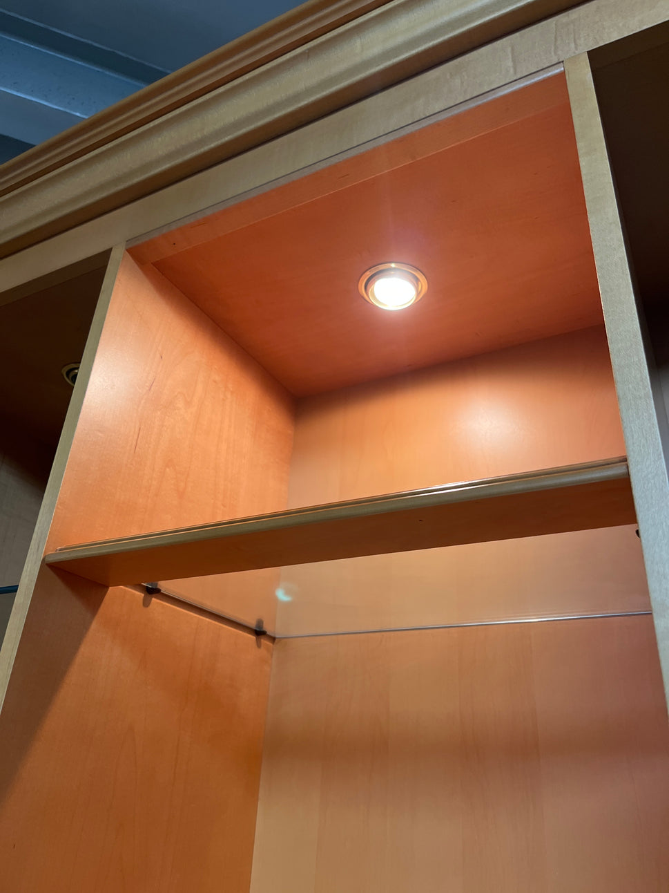 Tall rossmore light stained 2 glass door display unit with base storage 1300Lx430Dx1940H 2225