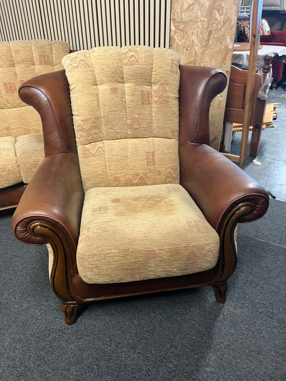 3+1+1 solid wood frame, high back brown leather suite with brown mix fabric cushions and backs