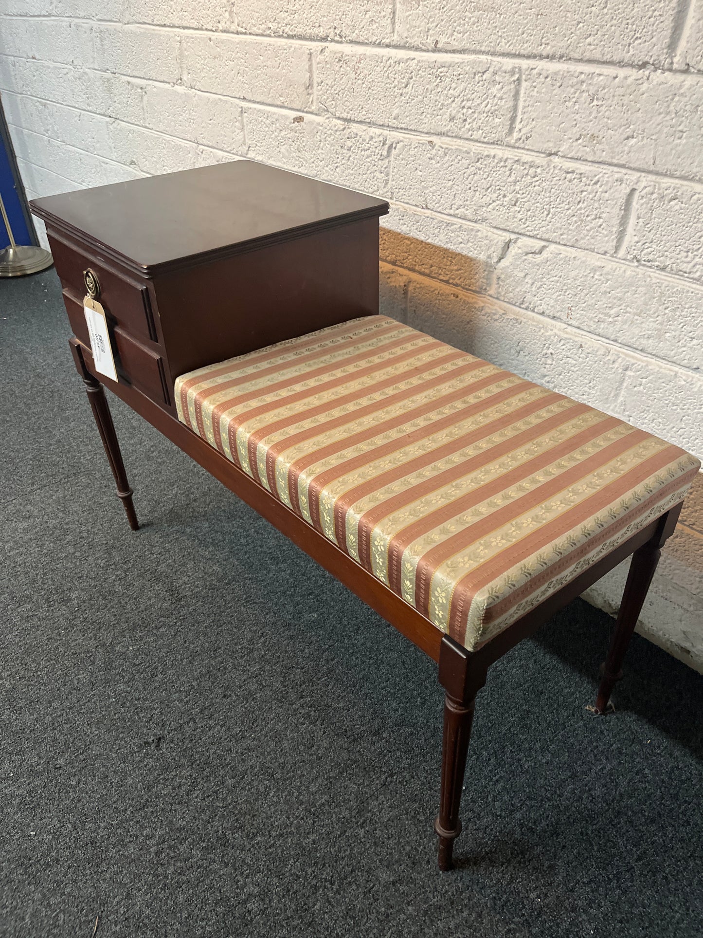 Mahogany 2 drawer telephone table with stripe pattern seat fabric 3225
