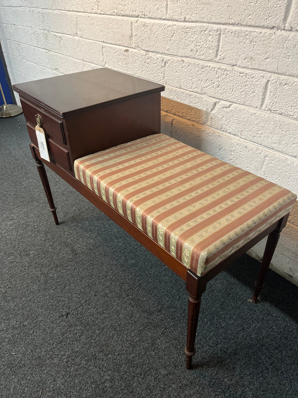 Mahogany 2 drawer telephone table with stripe pattern seat fabric 3225