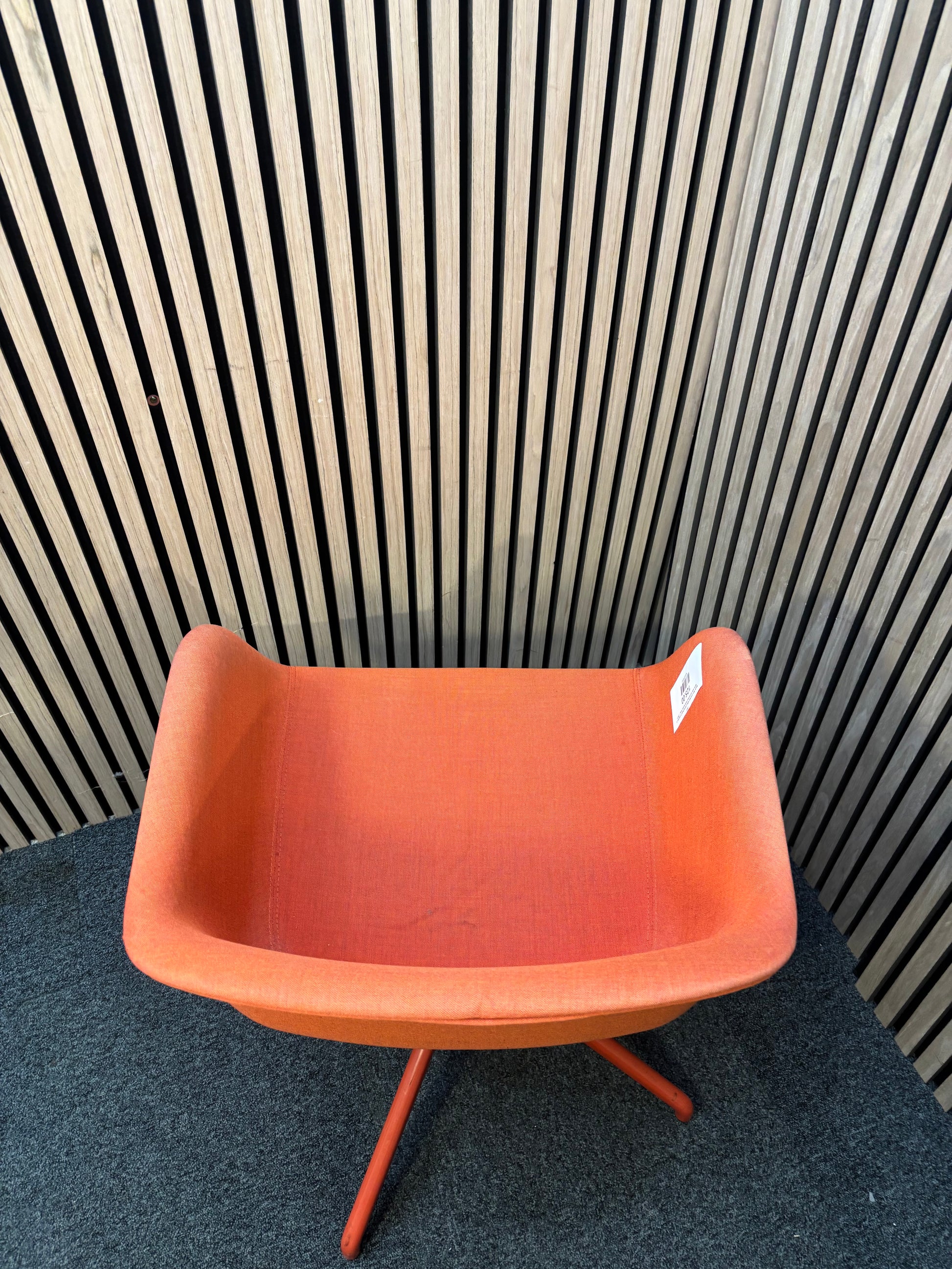 Muuto fibre armchair with a swivel base in manner 2 fabric with red painted metal spider base   J3911