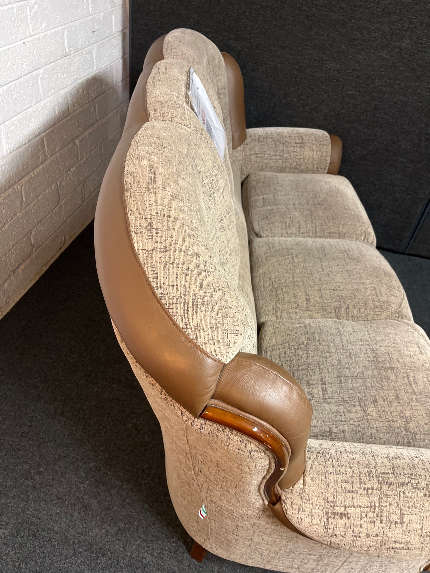3+1+1 Light grey and brown leather (MADE IN ITALY) sofa suite, solid wood frame 2225