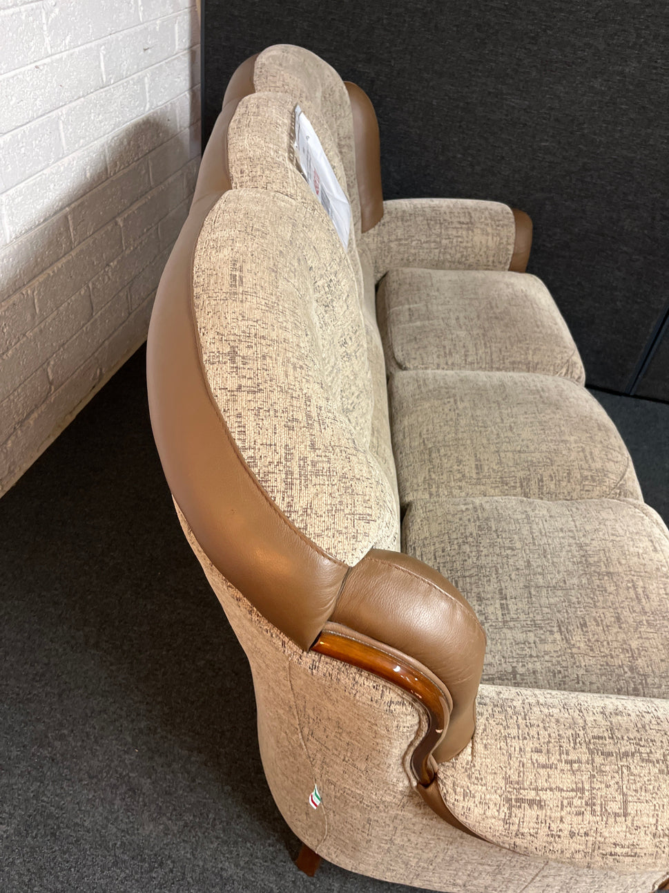 3+1+1 Light grey and brown leather (MADE IN ITALY) sofa suite, solid wood frame 2225
