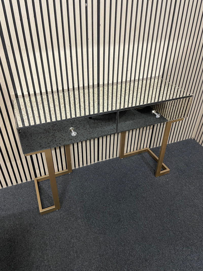 Mirrored glass with distressed detail 2 drawer console table with gold painted legs 120Lx40Dx80H  44448