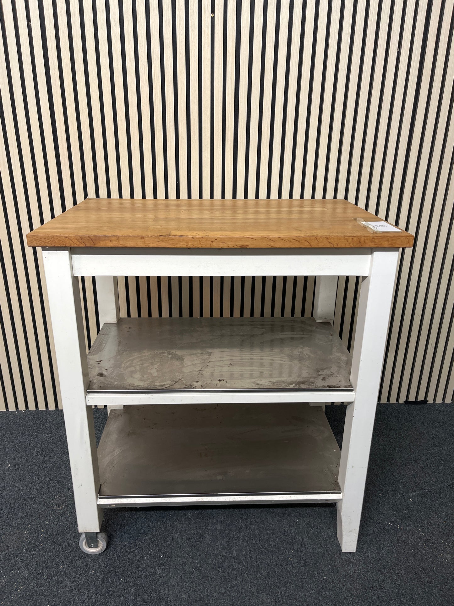 Oak top butchers block with aliminium shelves on castors (H 90 x W 79 x D 51 cm) 2325