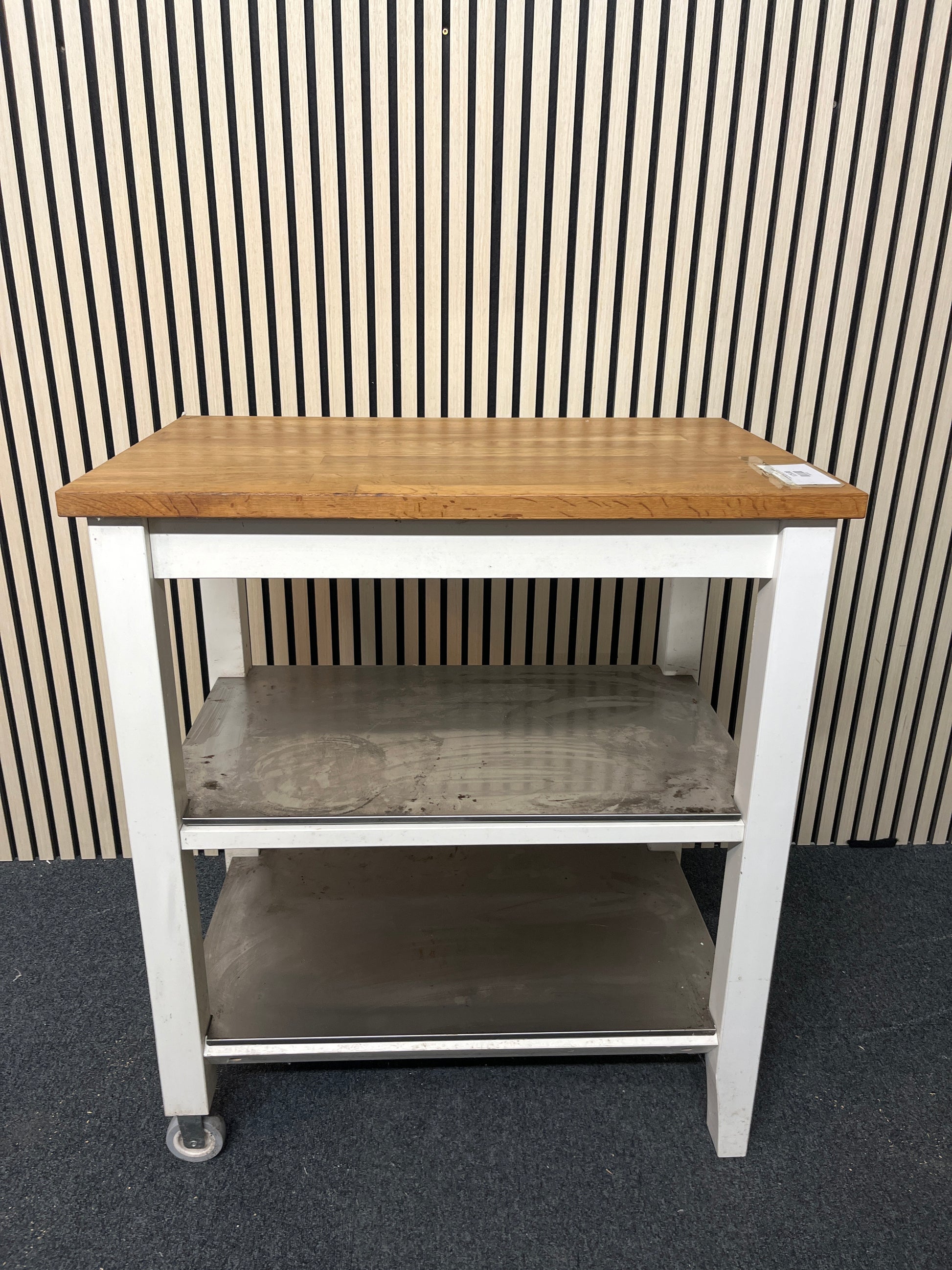 Oak top butchers block with aliminium shelves on castors (H 90 x W 79 x D 51 cm) 2325
