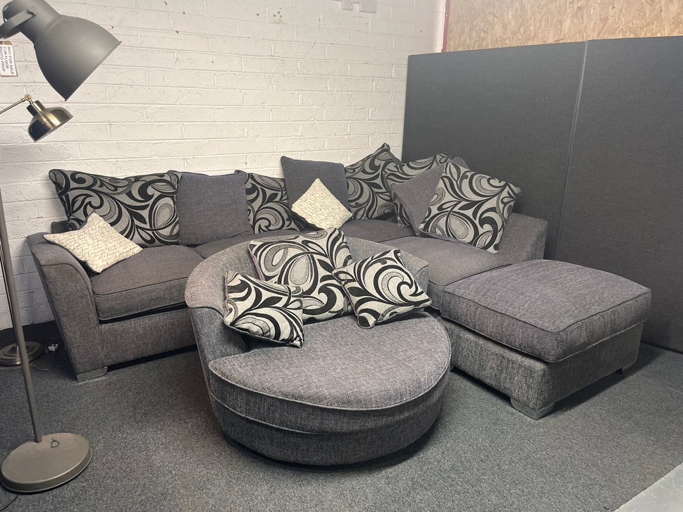 Charcoal mix fabric large corner fabric suite with matching snuggle chair 2225