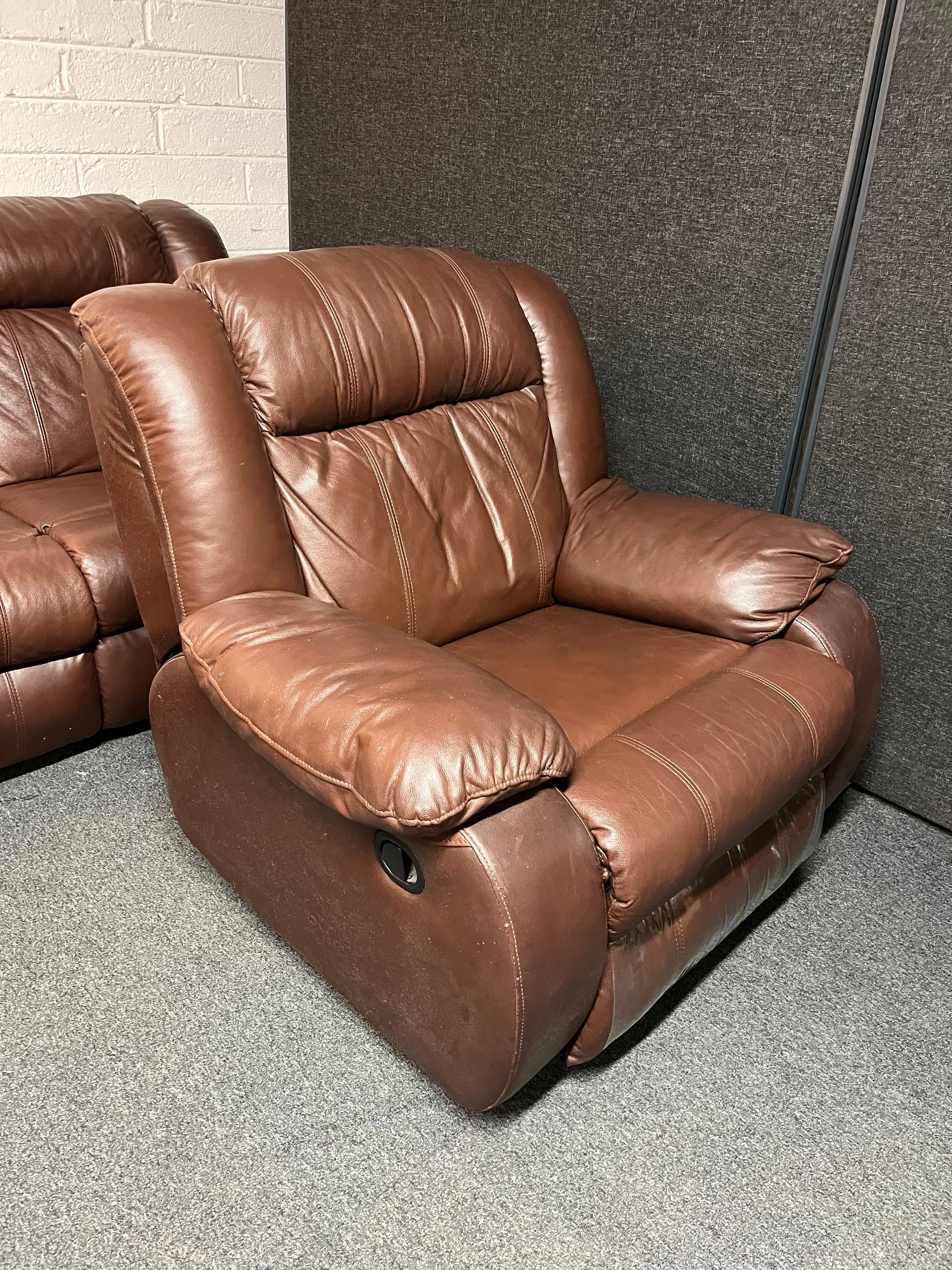 Dark brown leather 2 seater and matching rocking recliner armchair 2225