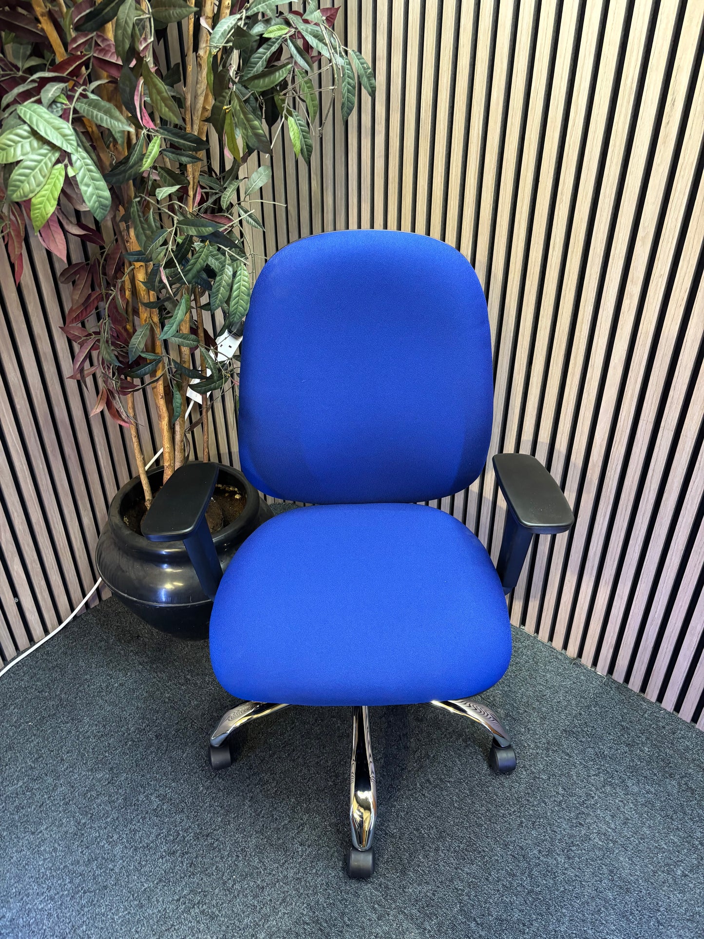 Jota high back ergonomic swivel chair with height adjustable arms and polished chome base in BLUE fabric. Price inc VAT