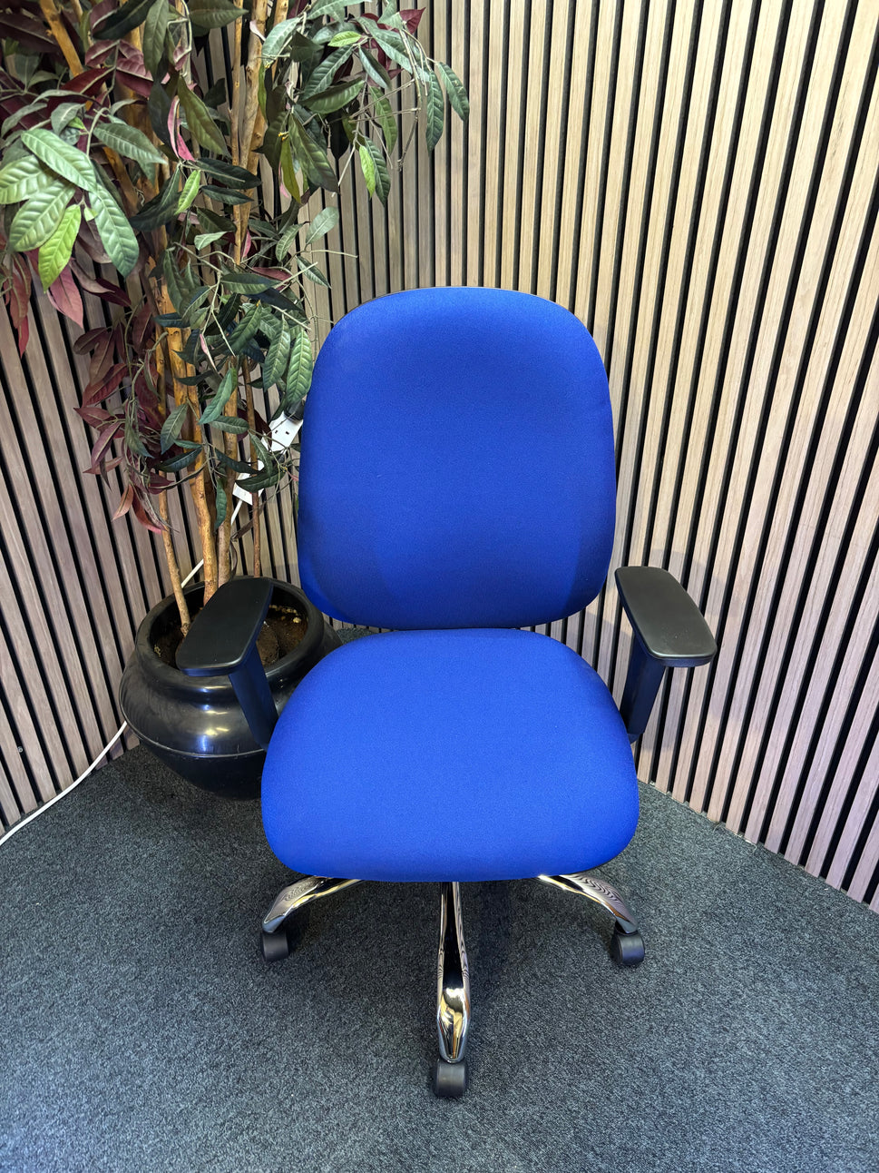 Jota high back ergonomic swivel chair with height adjustable arms and polished chome base in BLUE fabric. Price inc VAT