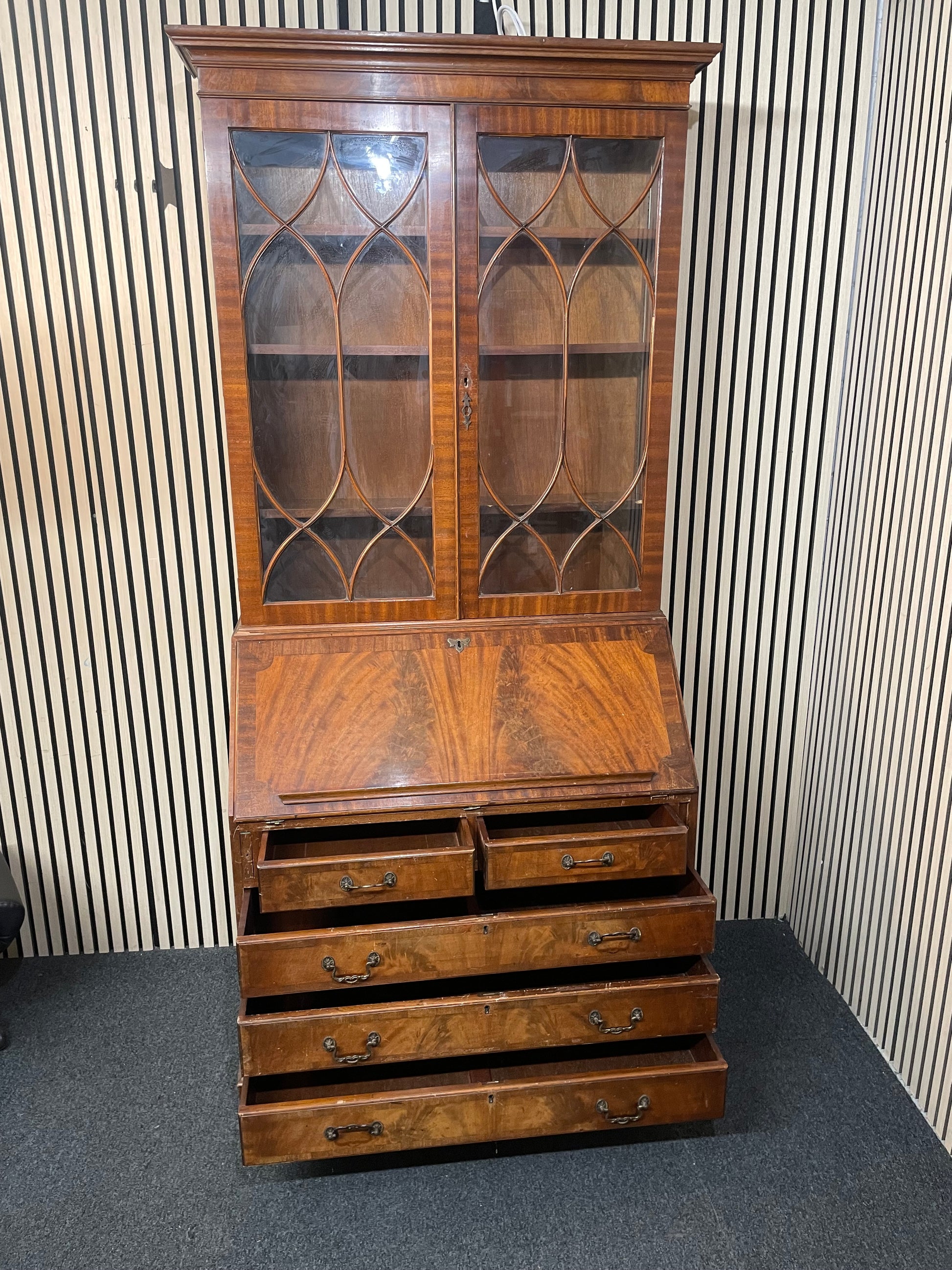 Ornate mahogany inlaid tall 2 glass door writing bureau with base drawers( H 214 x W 100 x D 43 cm) 2425