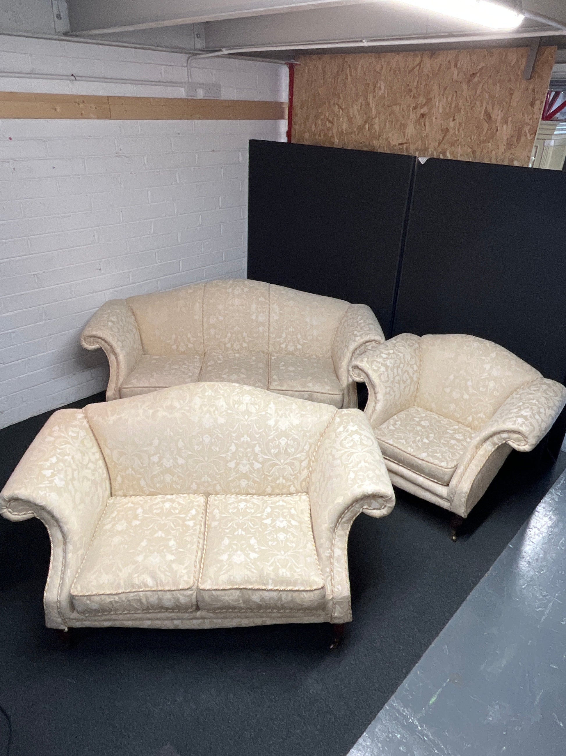 3+2+1 wing back cream mix fabric suite, solid wood frame, brass castors. CAN BE SOLD INDIVIDUALLY IF REQUIRED 2225