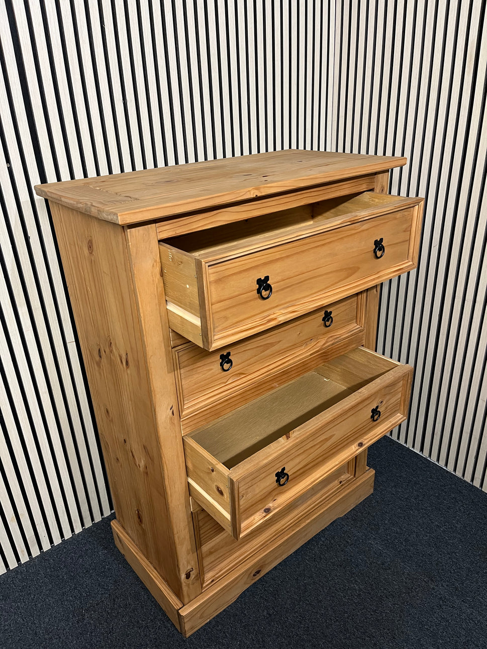 Tall waxed pine 4 dwrs chest  H 130 x W 90 x 50 D  4225