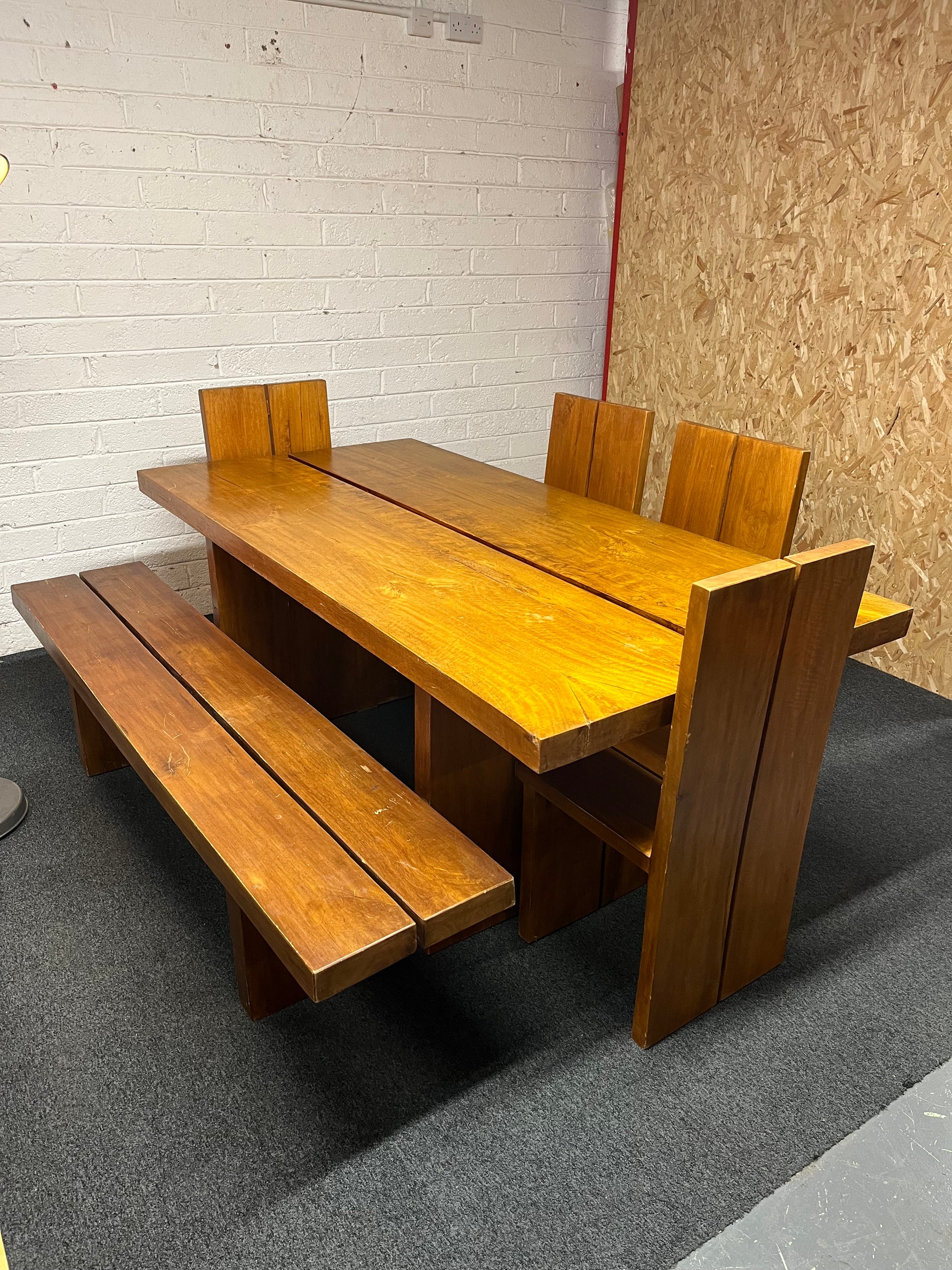 Solid wood large rectangular dining table (L 200 x W 101 cm) with 4 no. matching solid wood chairs and bench  1325
