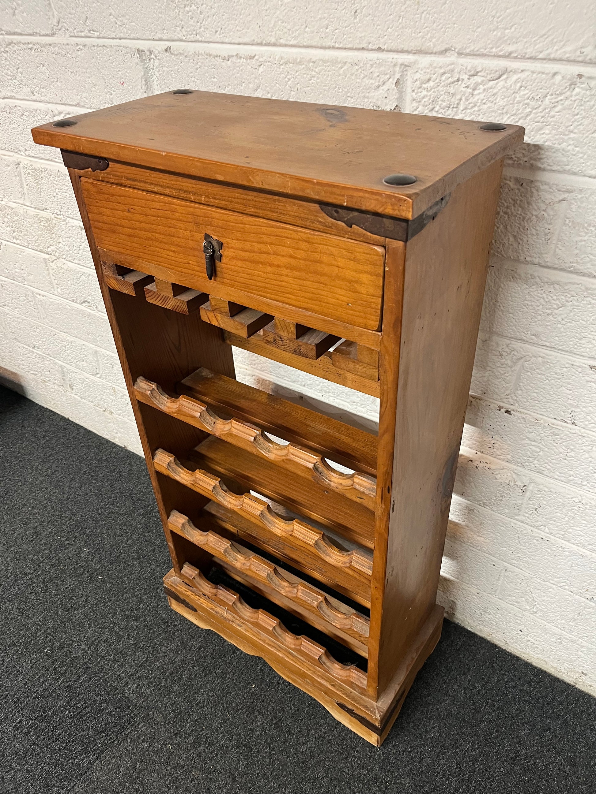 Mexican pine ornate wine rack with top drawer 1325